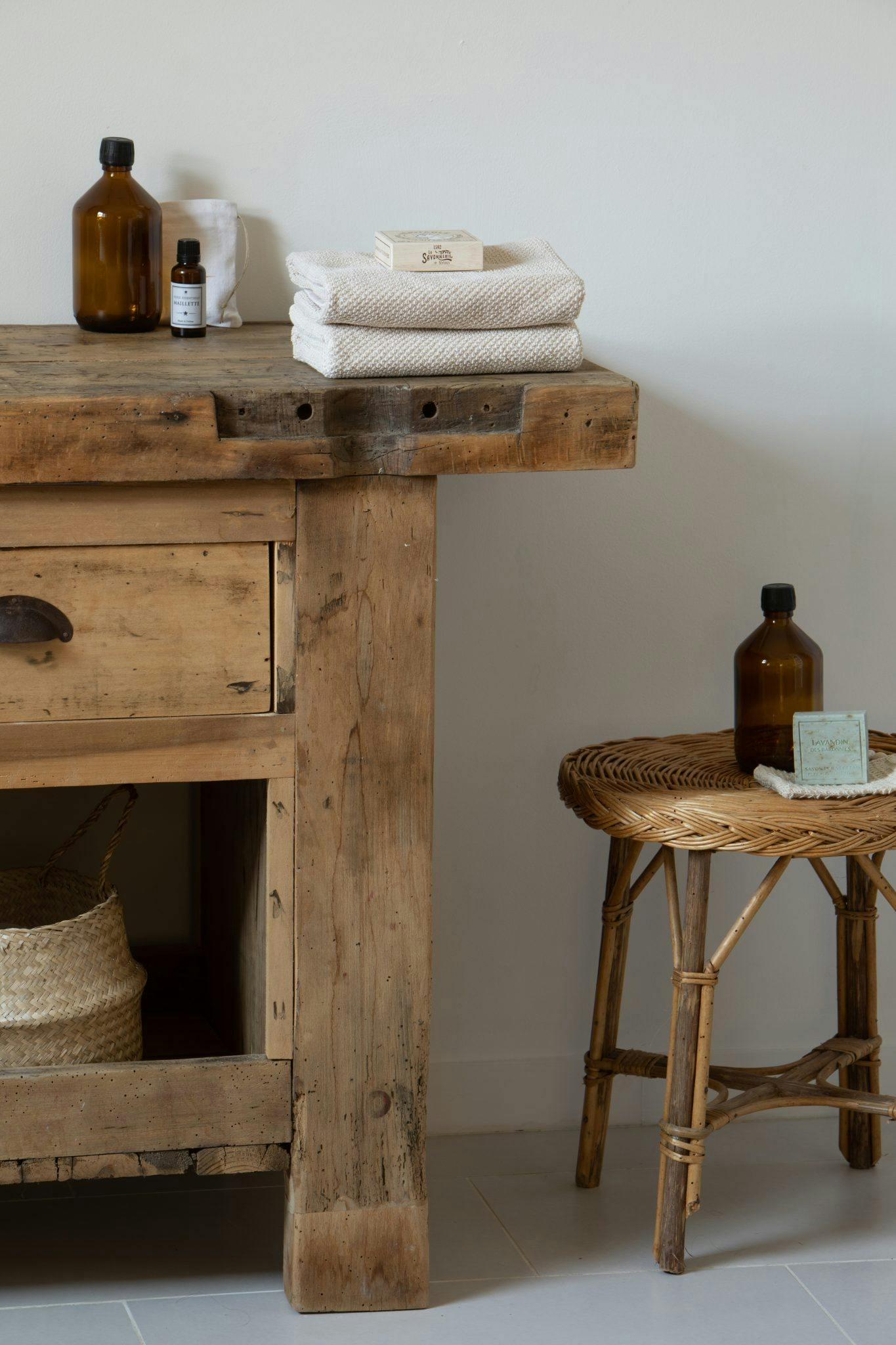 decoration: wooden sideboard and handmade stool