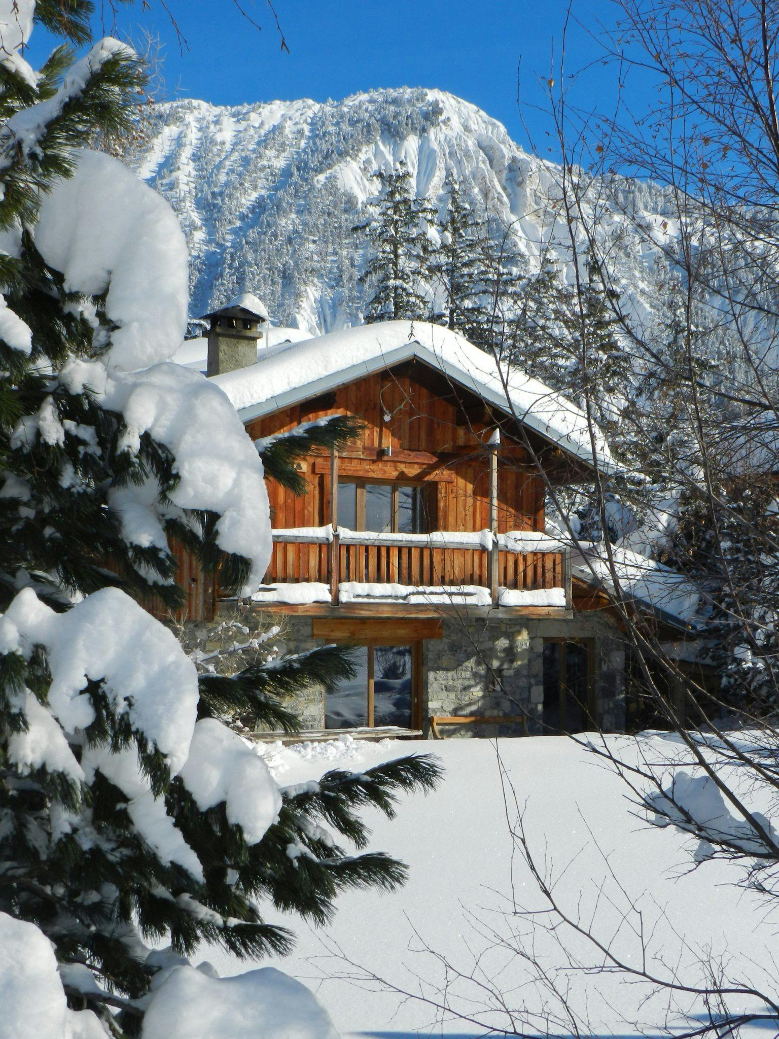 View of the snow-covered chalet