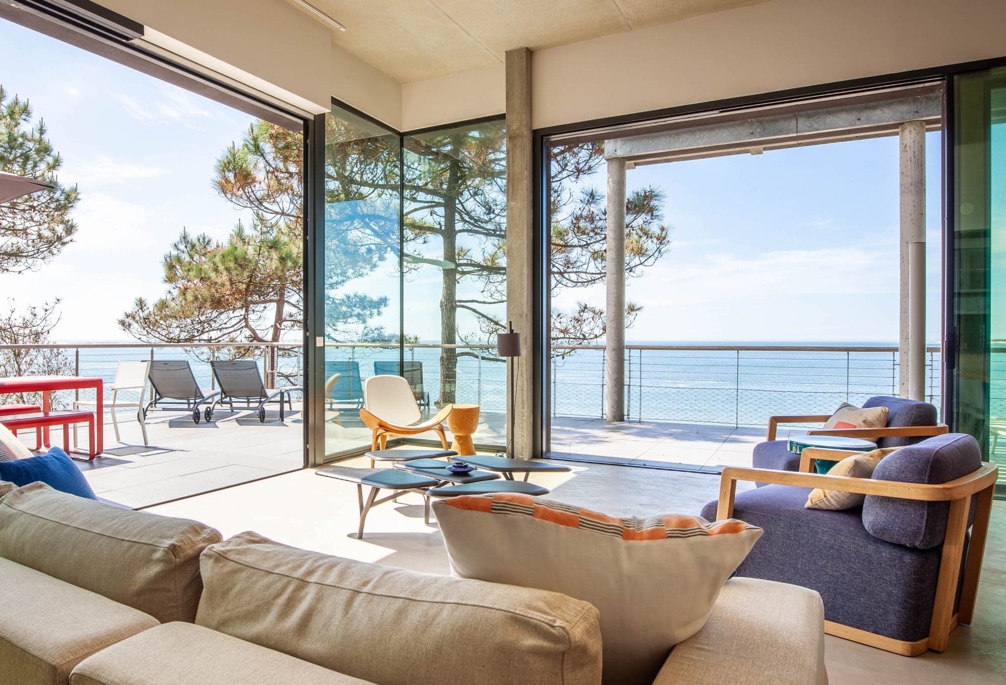 living room with large bay window and view