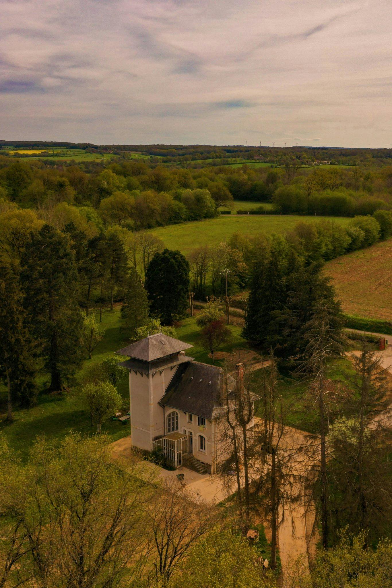 aerial view of the house and countryside