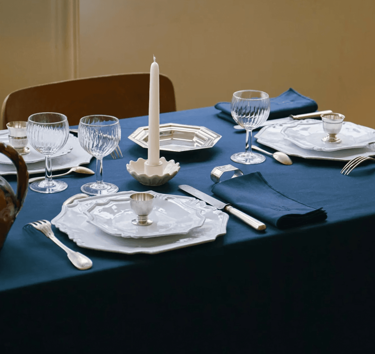 Embroidered blue tablecloth