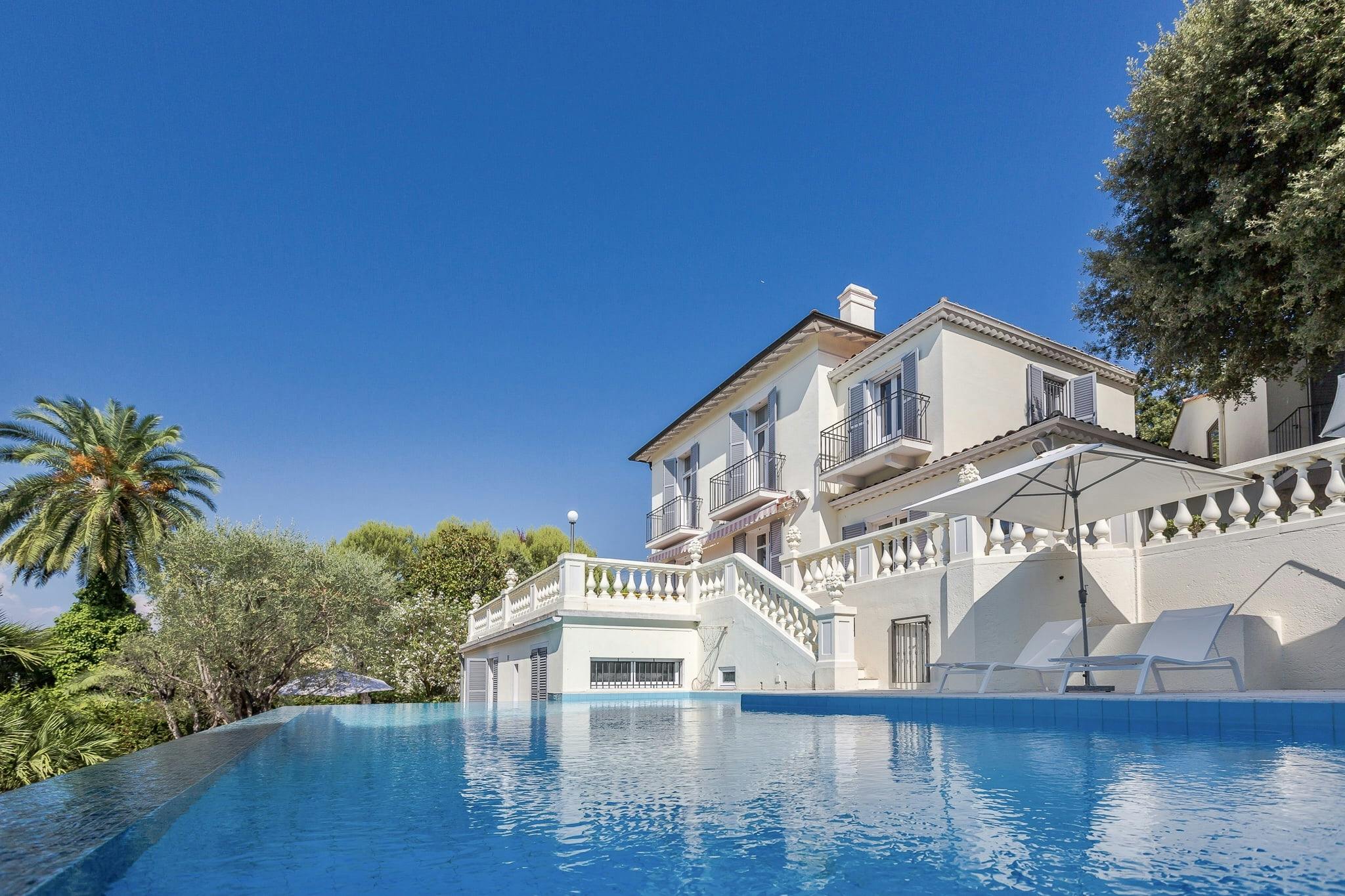 Villa Cosima with white façade, pool in foreground and blue sky tree-lined railing