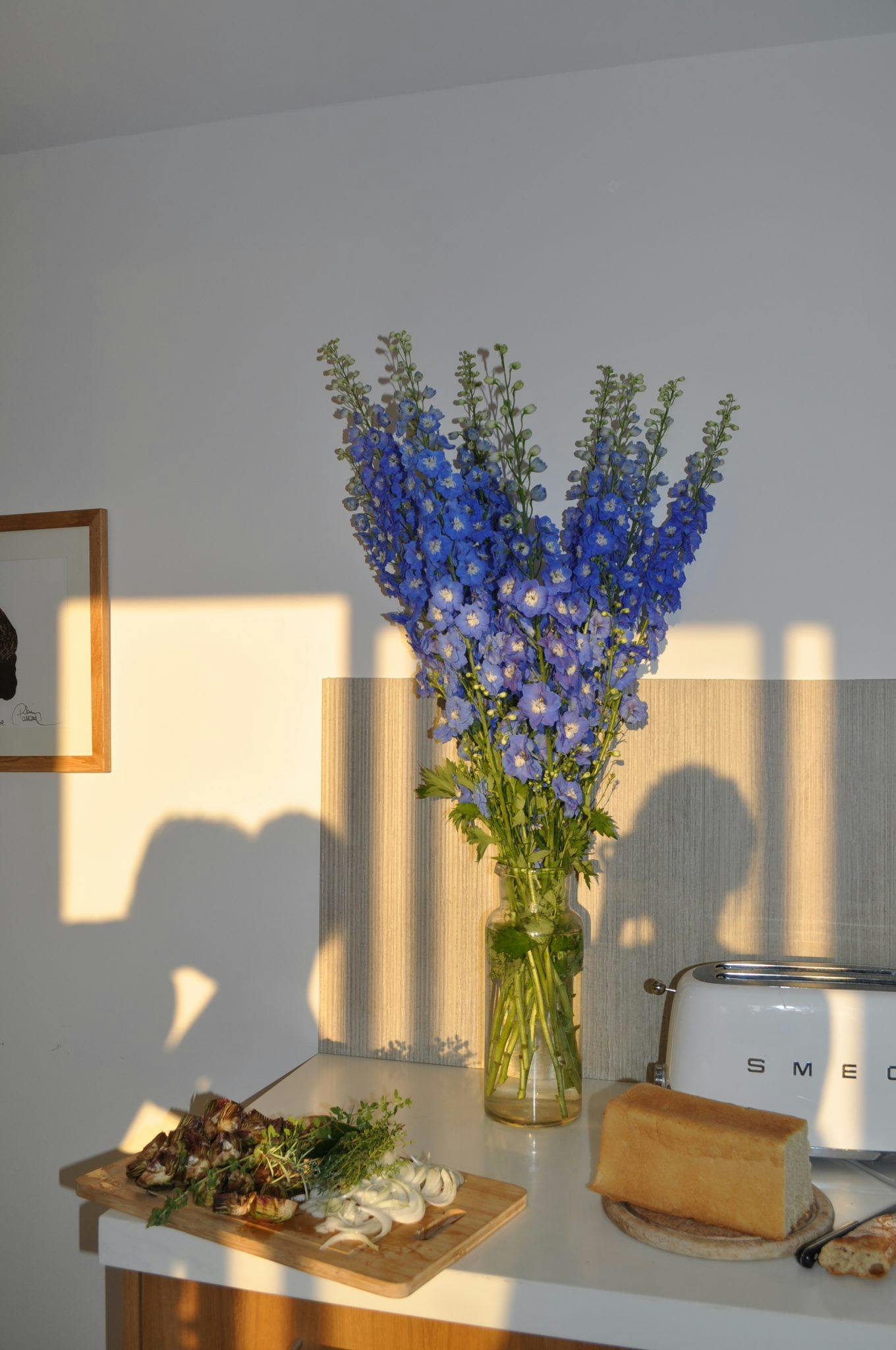 Kitchen counter, shadow of two people embracing, bouquet of flowers and Smeg appliances