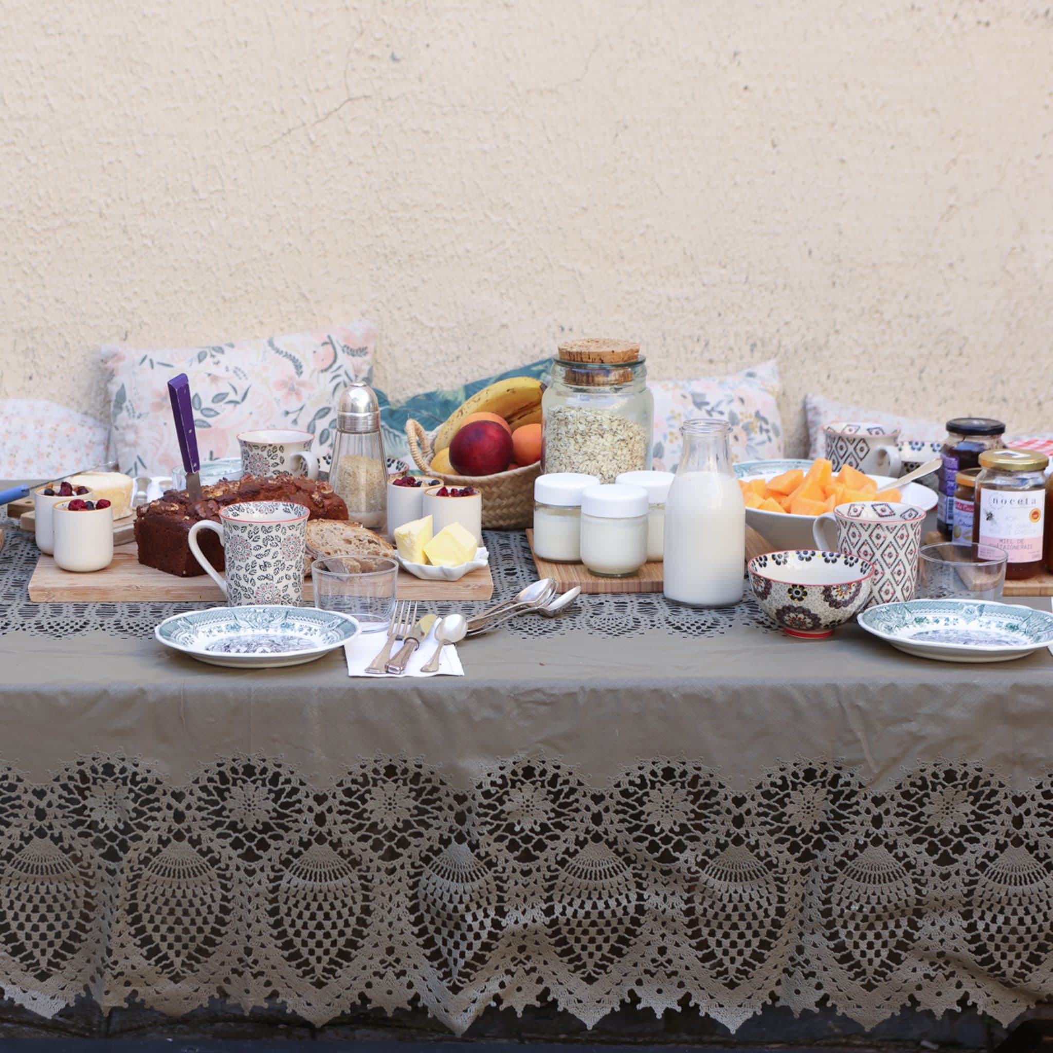 Breakfast table with a multitude of preparations