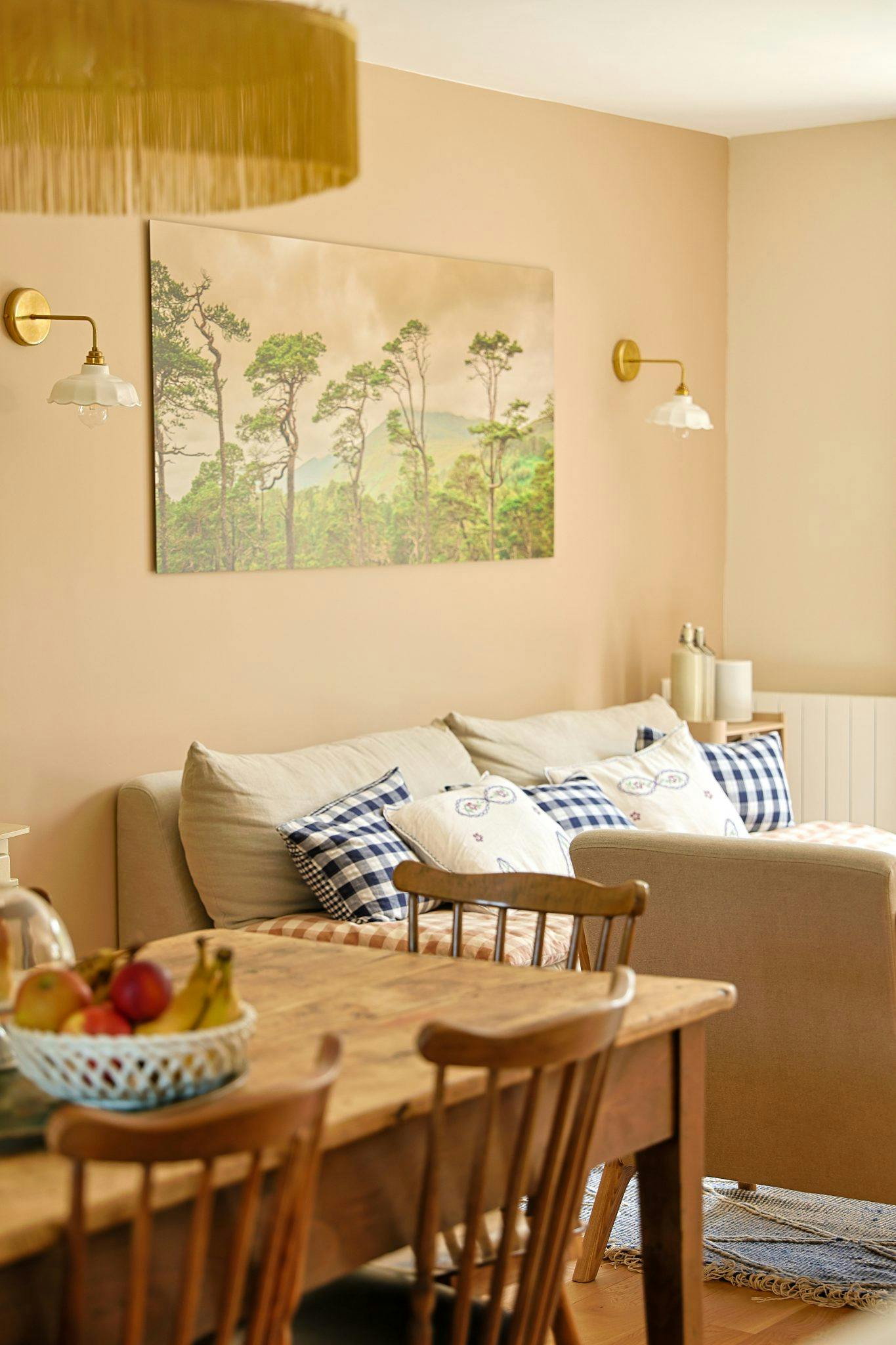 Living-dining room at La Bien Aimée: large nature painting