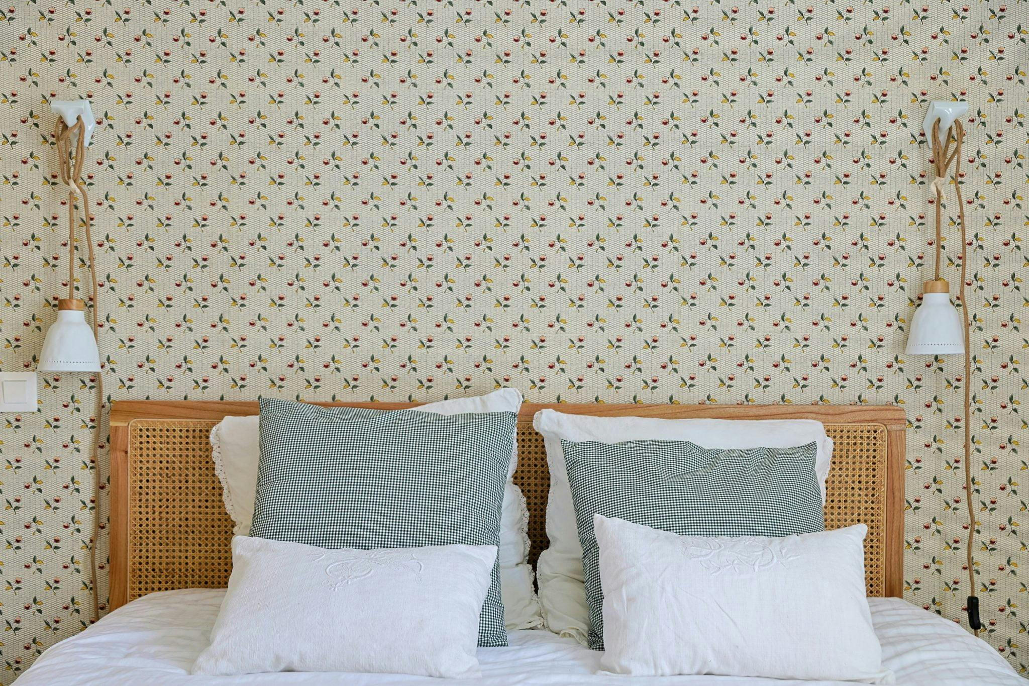 Headboard with floral wallpaper background