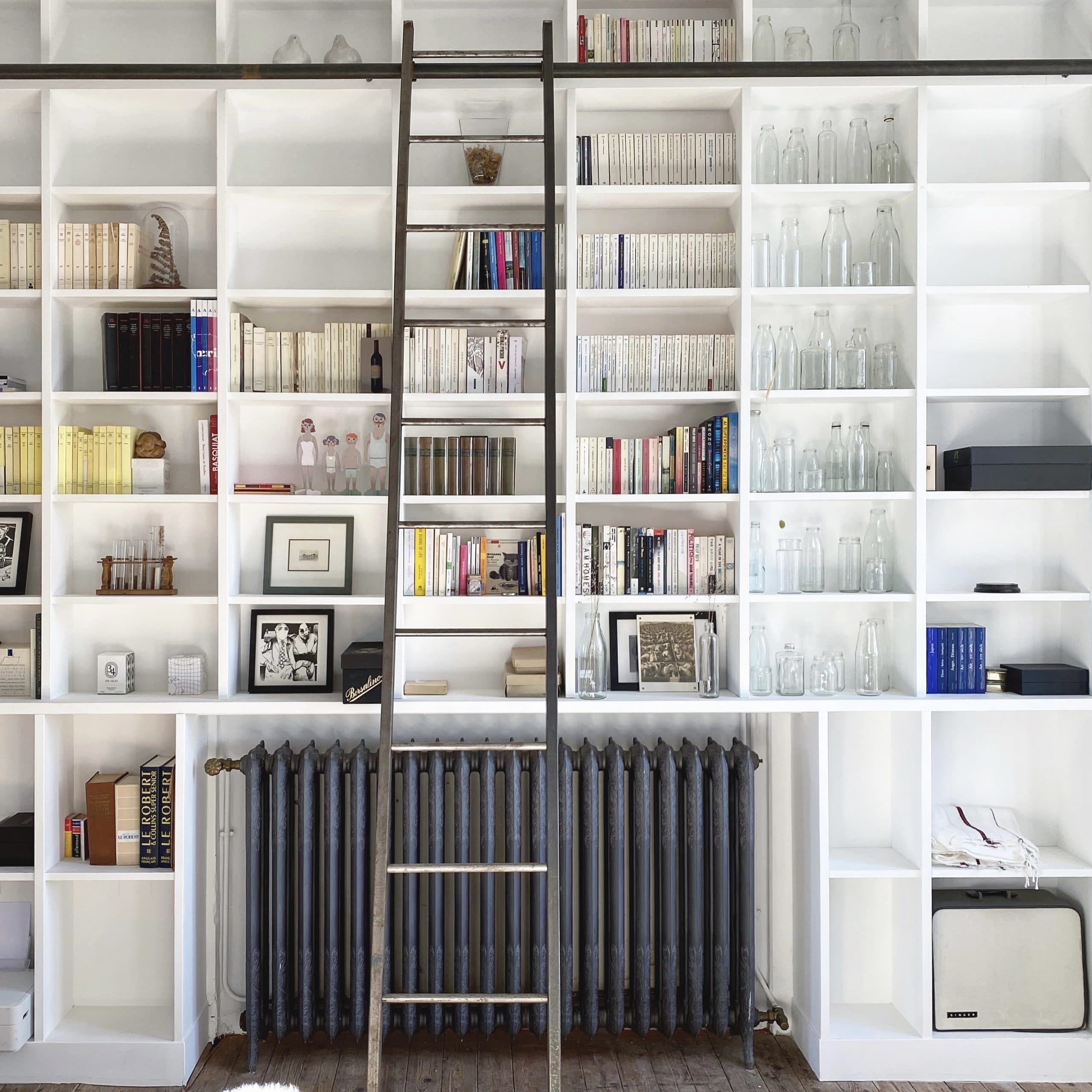 The library on the wall in the living room