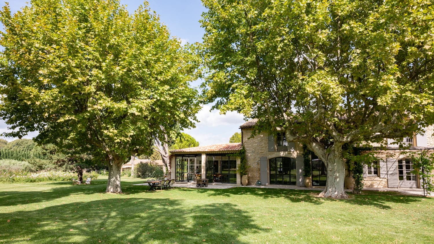 Jardin du Mas des Amis, pelouse, arbres et murs en pierres