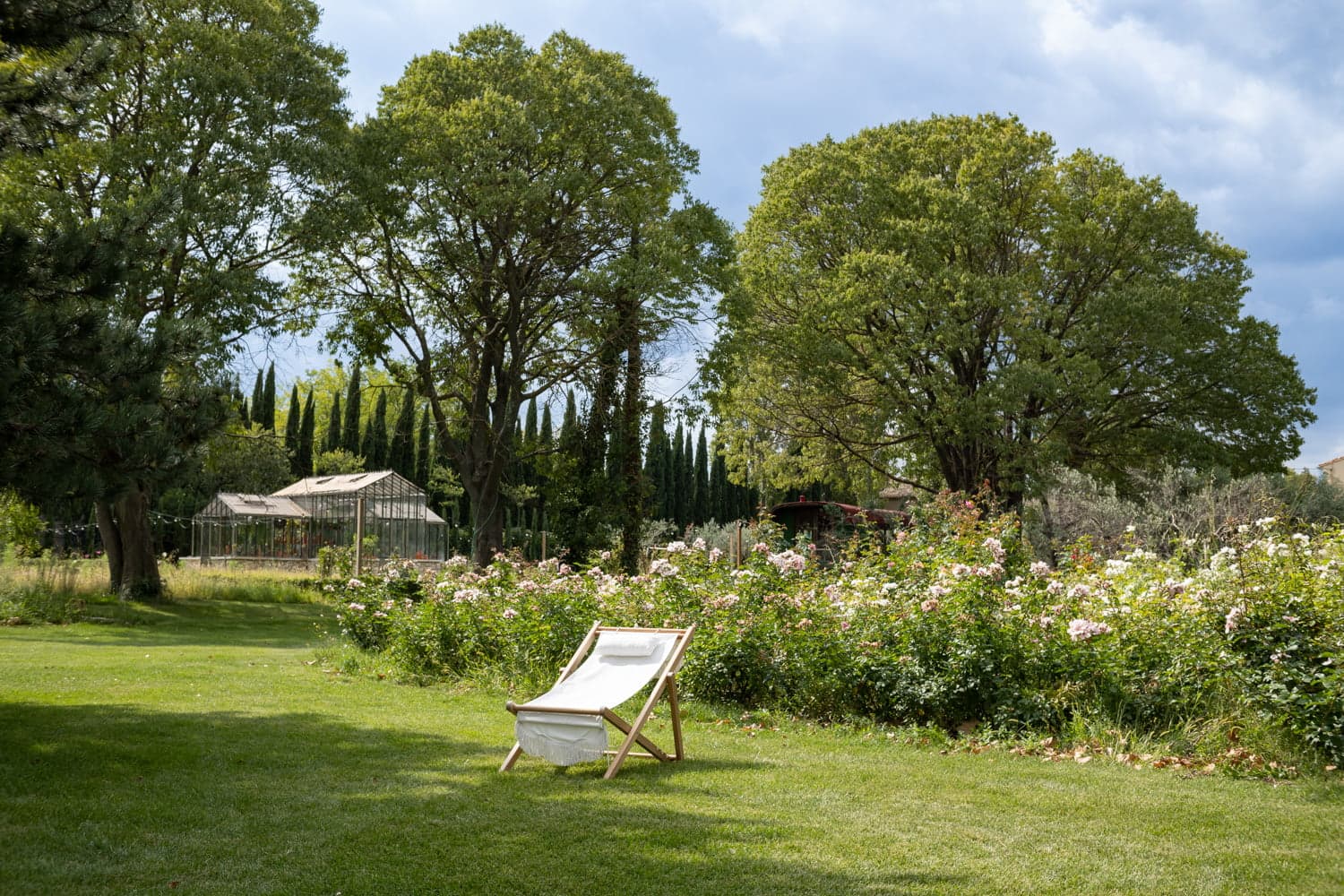 Chaise longue dans le jardin ensoleillé, pelouse et arbres