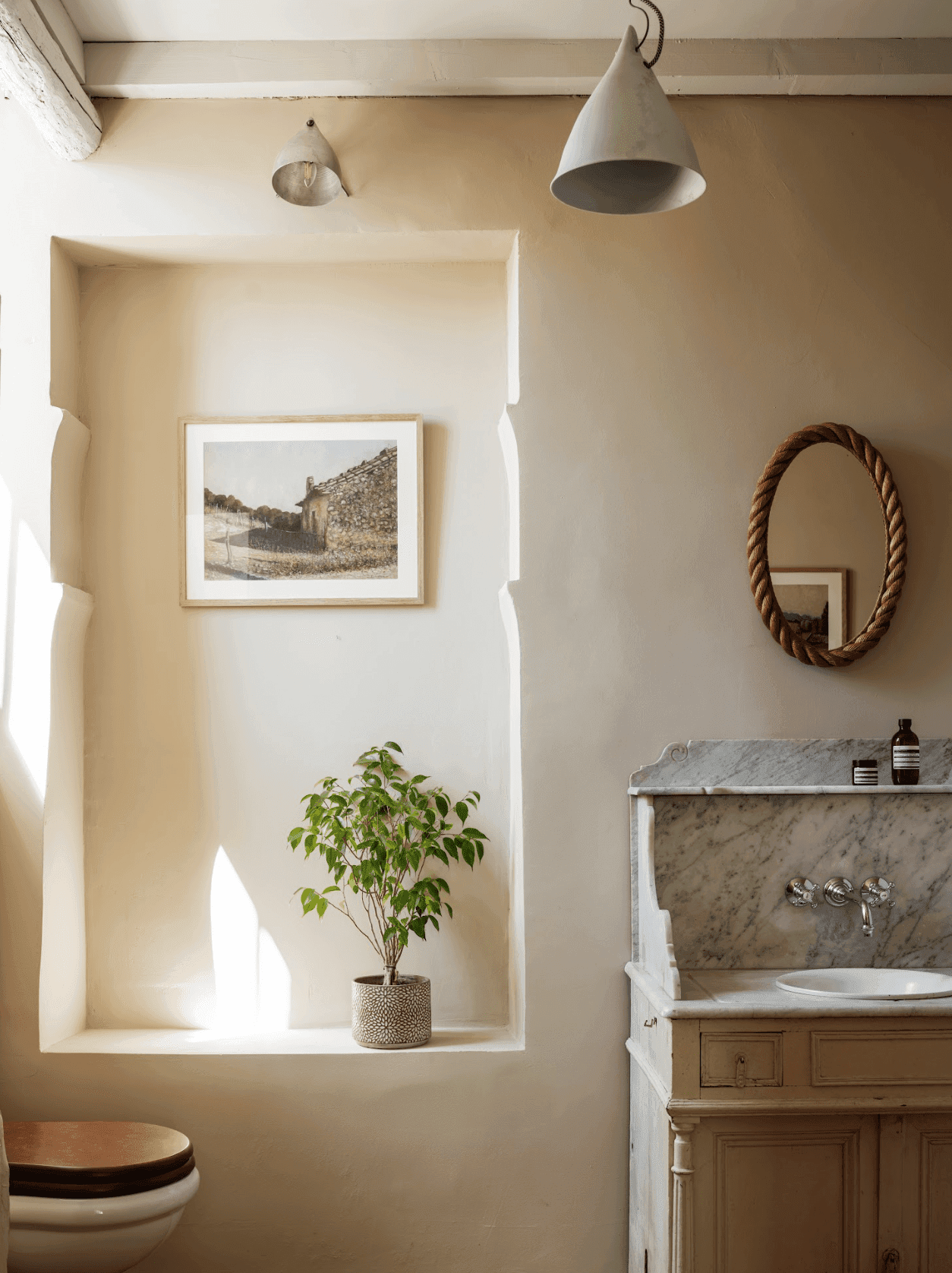 Salle de bain : toilettes, lavabo, plante