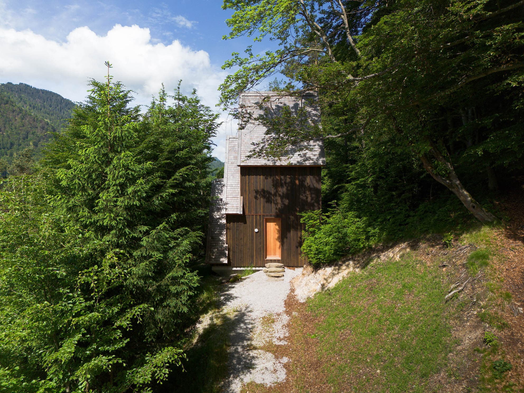 Une cabane en bois étroite et moderne avec une petite entrée est nichée parmi de grands arbres denses sur une colline en pente. La cabane a un toit en pente et est entourée de verdure, avec un chemin de gravier menant à la porte d'entrée. En arrière-plan, une montagne boisée est visible sous un ciel nuageux.