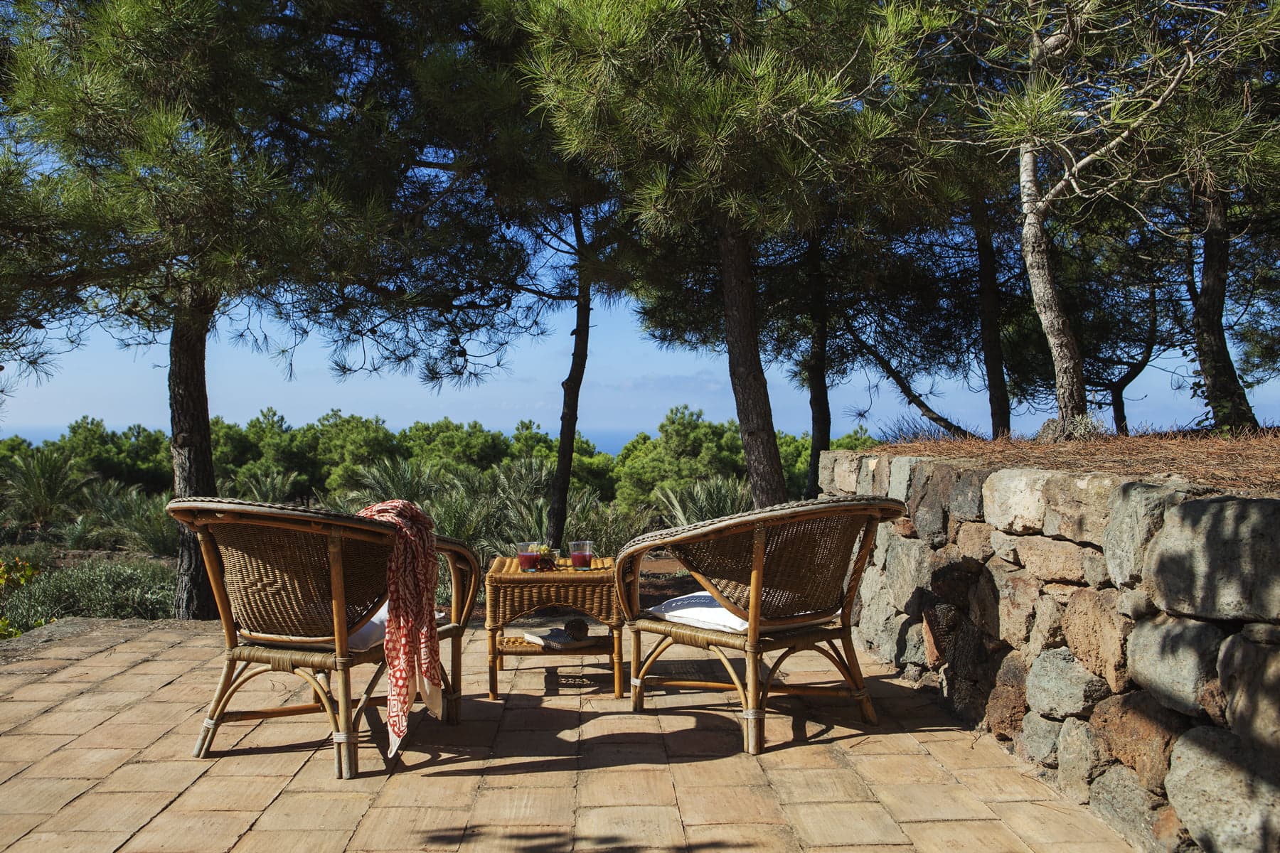Two wicker chairs and a small table with drinks and a blanket are set up on a stone-paved patio amid tall pine trees, overlooking a lush landscape and a distant blue sky.