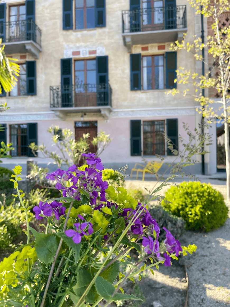 A bouquet of purple and yellow flowers is prominently displayed in the foreground, drawing attention to them. In the background, there is a three-story building with balconies, large windows, and green shutters. A garden with various plants and a yellow garden chair is also visible.