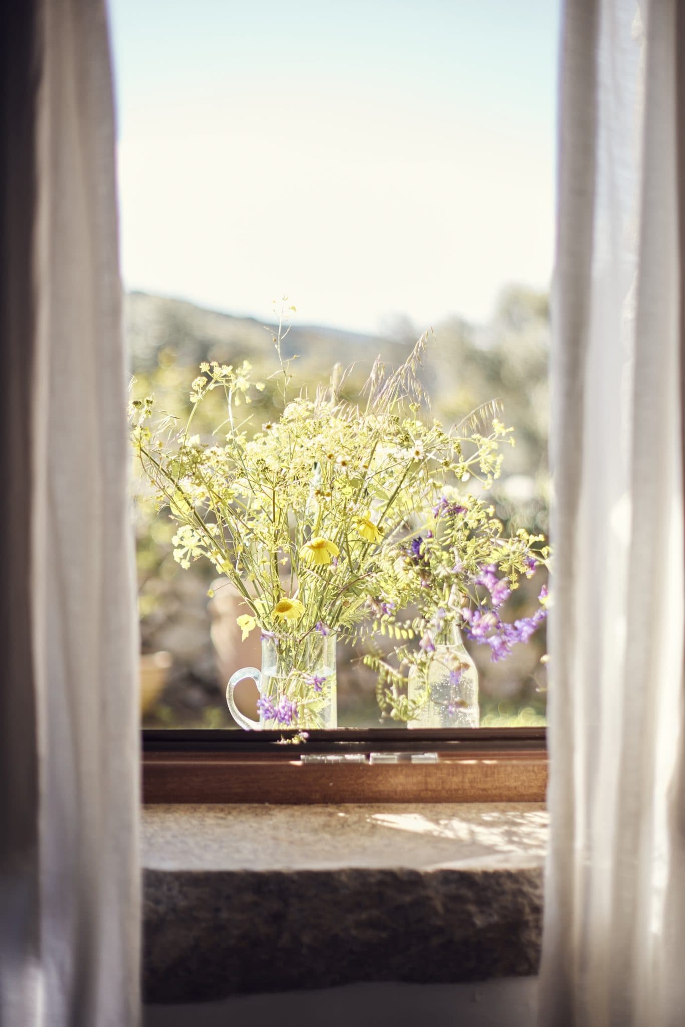A window with sheer curtains opens to reveal a panoramic view of the outdoors. On the windowsill, there is a clear glass pitcher and a small bottle, both filled with delicate wildflowers in shades of yellow and purple, illuminated by the natural sunlight.