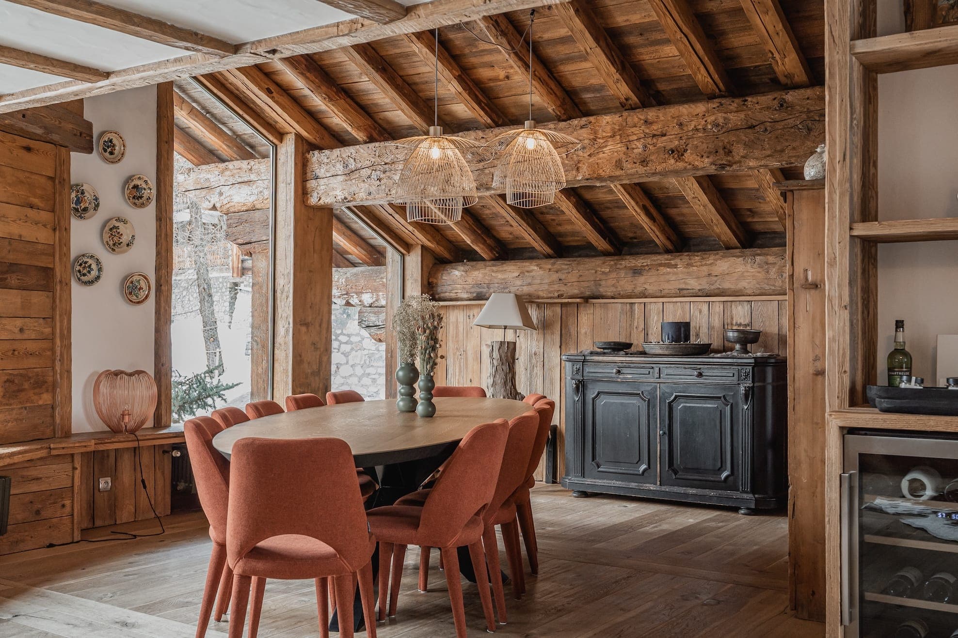 In the dining room, local furniture and modern pieces.