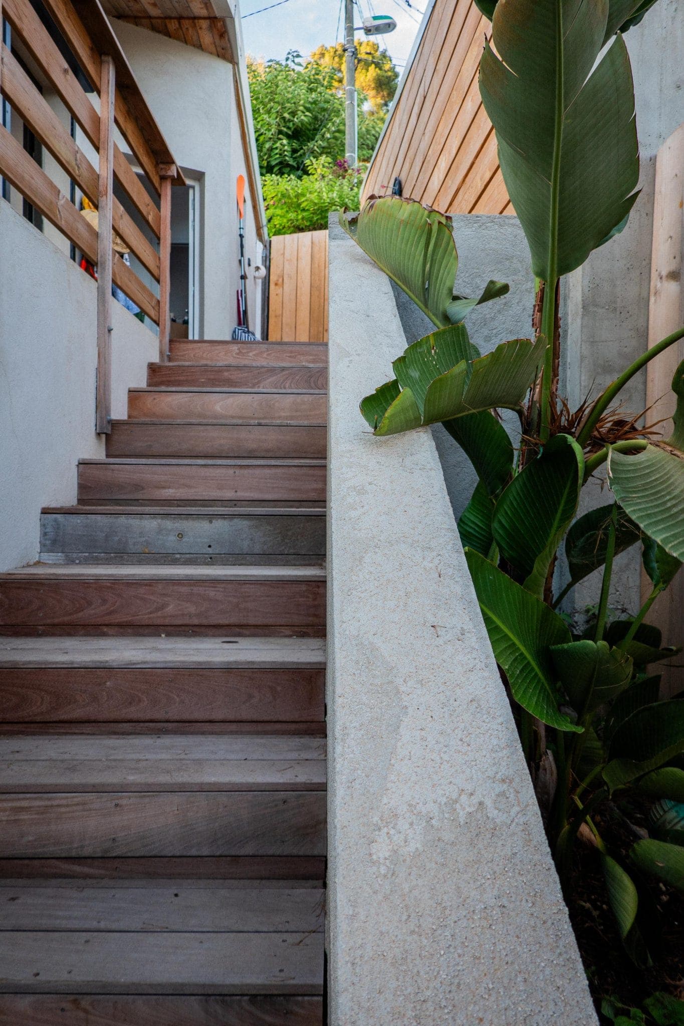 A wooden staircase runs along a concrete wall bordered by lush green plants. The path leads to a wooden fence and a glimpse of greenery at the top, beneath a clear and sunny sky.