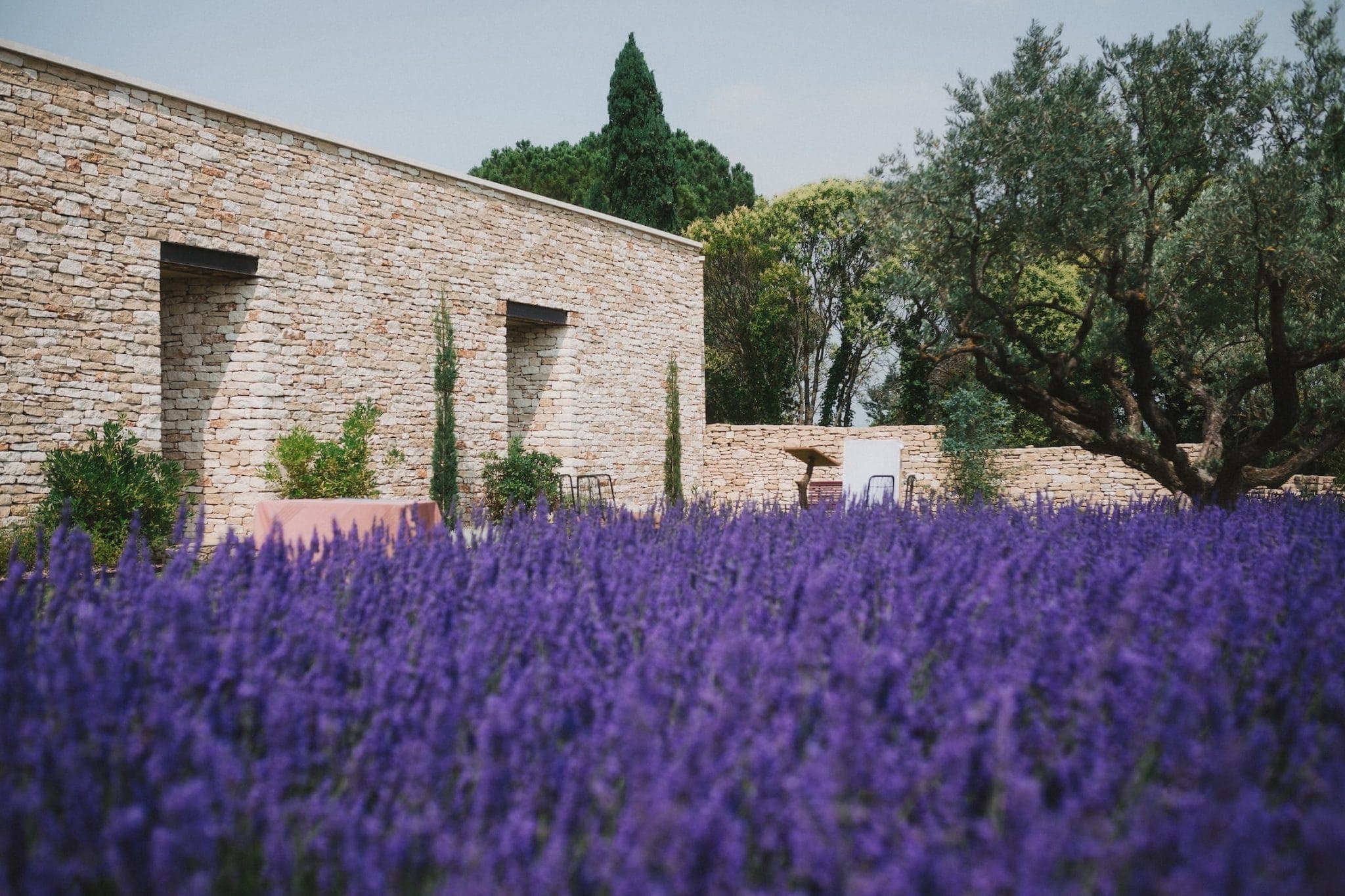A rustic stone building surrounded by lush vegetation and a field of vibrant purple lavender under a clear sky. The scene exudes tranquility and natural beauty, with trees providing shade in the background.