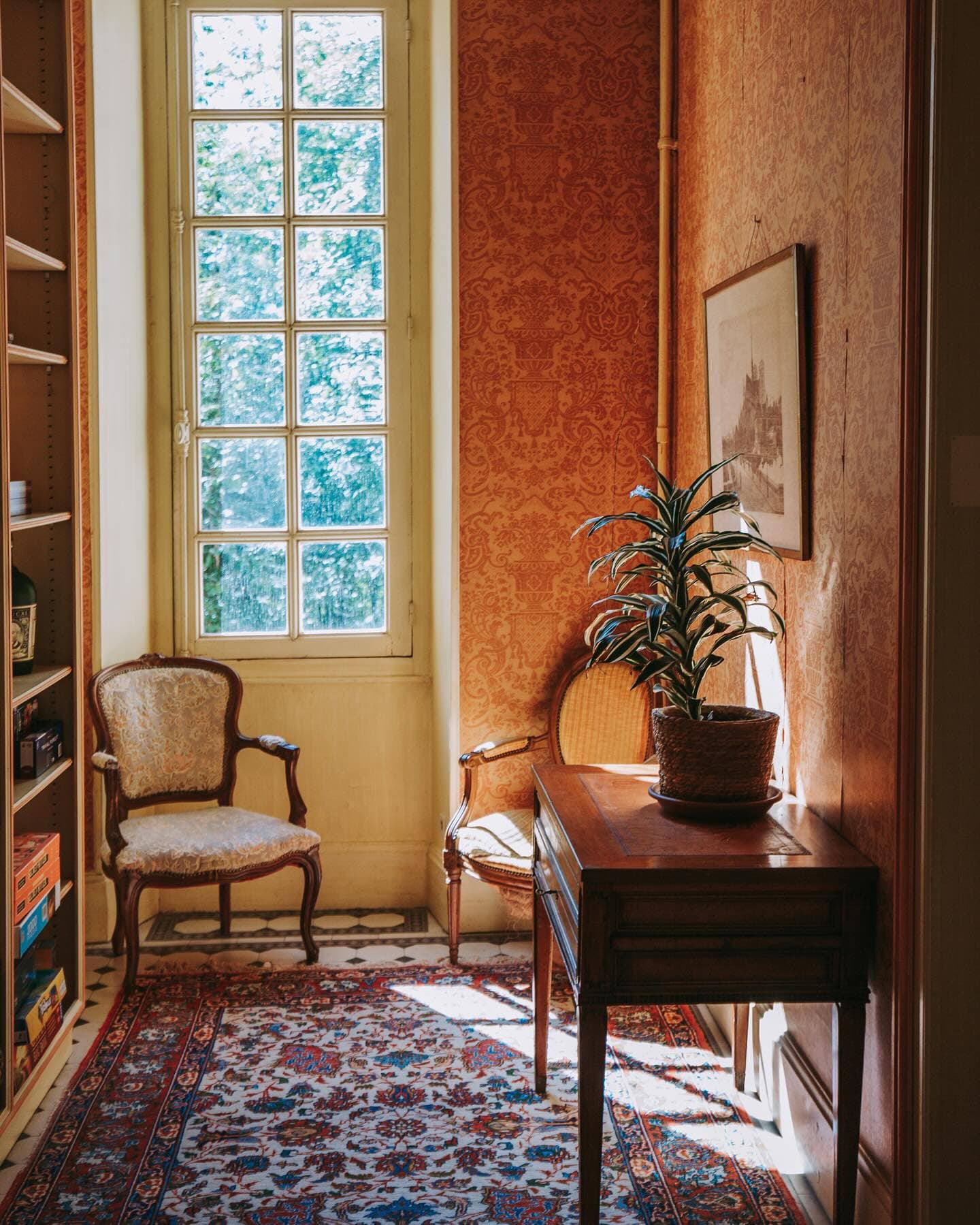 A cosy corner with a wooden table on which rests a potted plant next to a sun-drenched window. Two antique chairs sit against ornate wallpaper and a patterned rug covers the floor. Shelves to the left contain books and games. A framed work of art hangs on the wall.