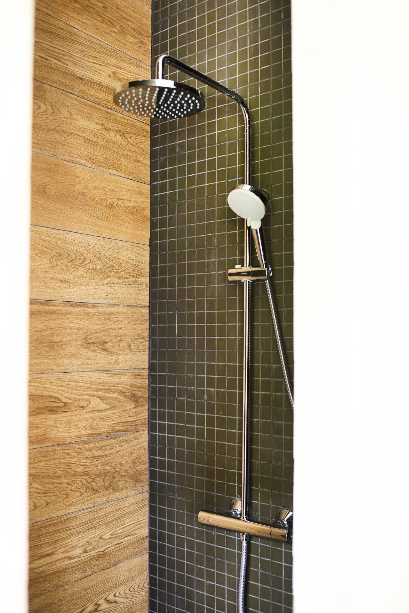 A modern shower with a rainfall showerhead and a wall-mounted adjustable hand-held showerhead. The wall features small dark tiles and a wooden accent on one side, creating an elegant, contemporary design.