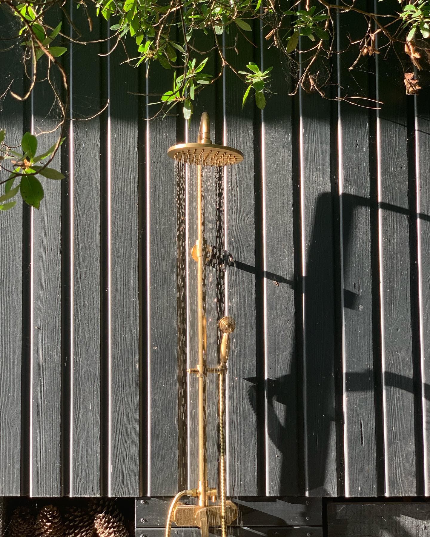 Une douche extérieure avec pomme de douche et poignée dorées est montée sur un mur lambrissé en bois foncé. La lumière du soleil projette des ombres et un feuillage vert est suspendu au-dessus, ajoutant une touche naturelle au décor.