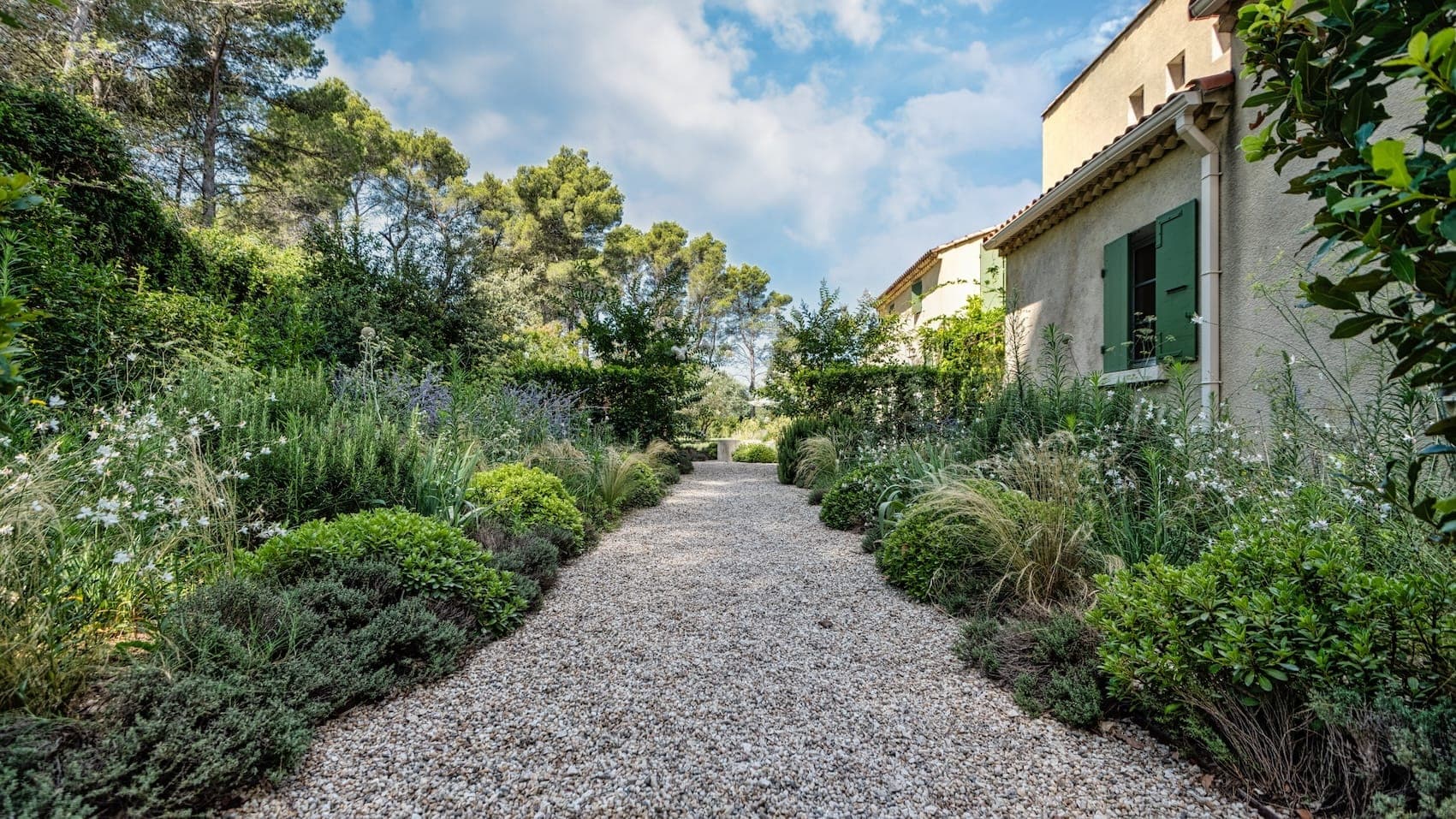 Un chemin de jardin paisible bordé de plantes et d'arbustes verts luxuriants mène à une maison rustique aux volets verts sous un ciel partiellement nuageux.