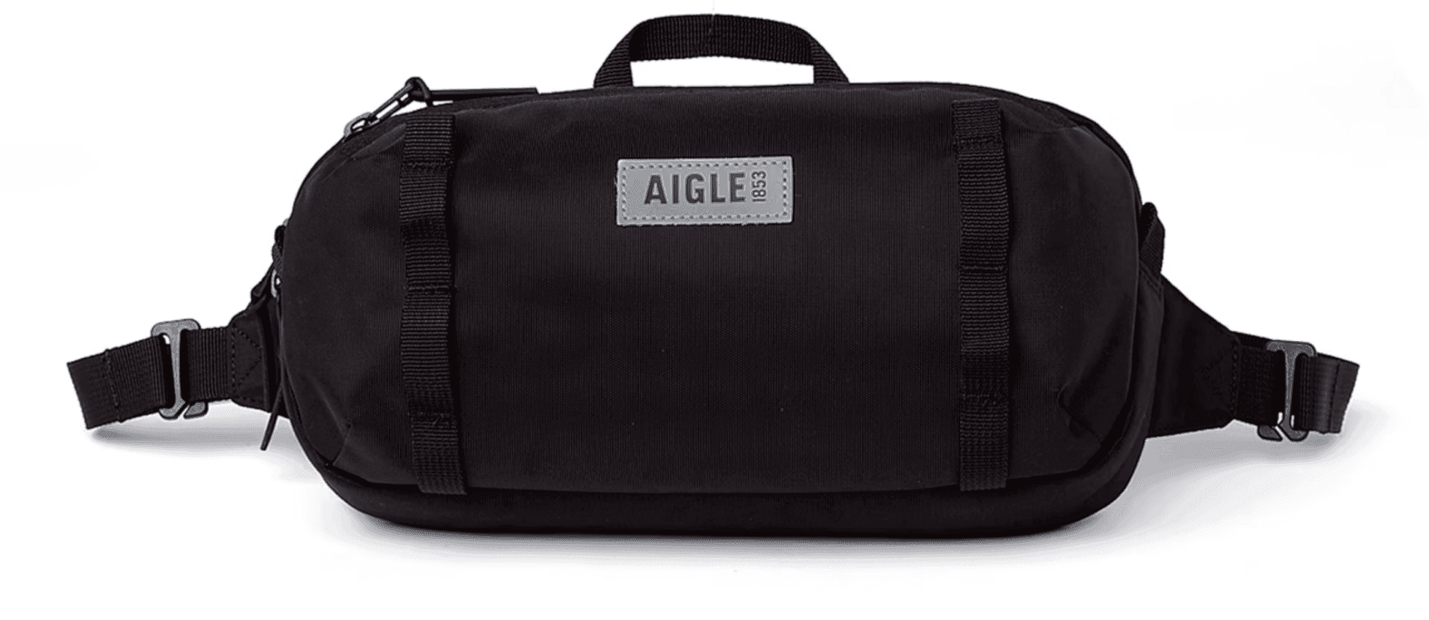 Black rectangular waist bag with adjustable straps and a carry handle on top. The front features a gray patch labeled "AIGLE" in bold letters.