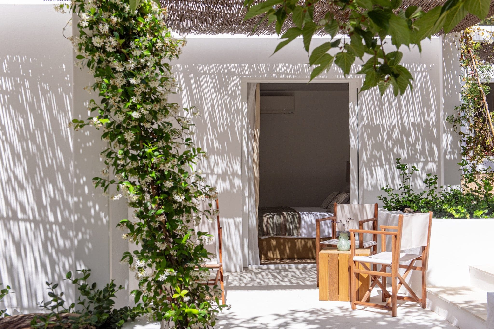 Un patio ensoleillé avec un mur couvert de fleurs blanches grimpantes. Des chaises en bois et une petite table sont disposées à l'extérieur d'un bâtiment blanc avec une porte ouverte, menant à une pièce confortable à l'intérieur. La lumière du soleil tachetée crée des motifs sur le sol du patio.