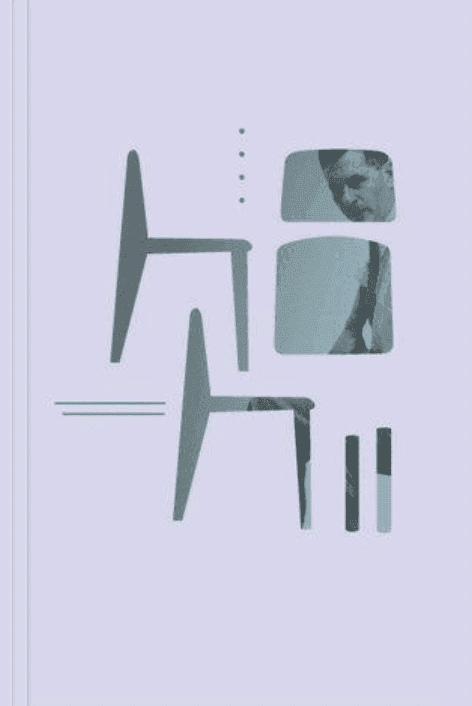 Dessin abstrait avec deux chaises stylisées et des formes géométriques en gris sur fond violet clair. Dans le coin supérieur droit se trouve un fragment de photo d'un homme non identifié.