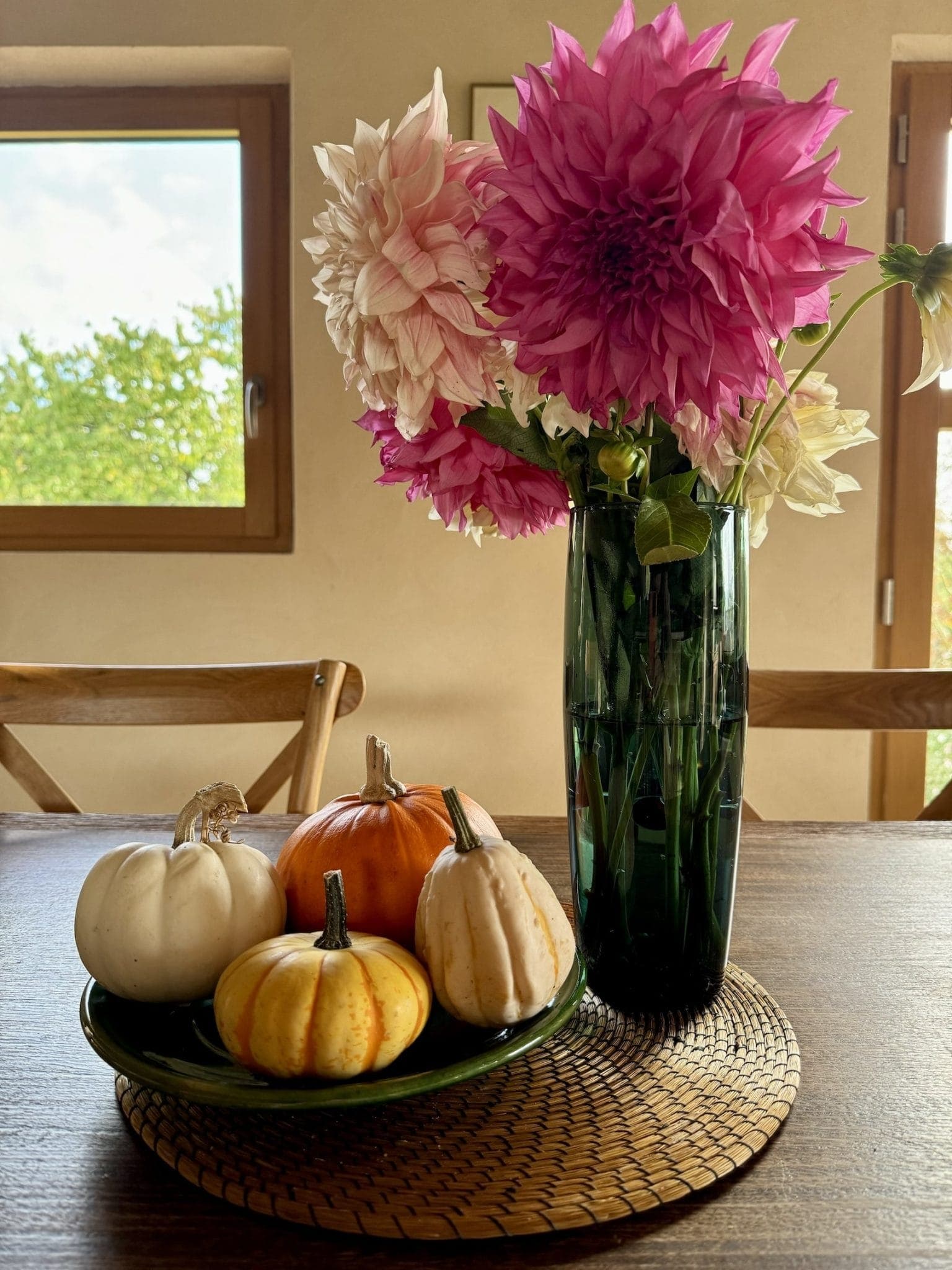 A vase with large pink and white flowers sits next to a green plate with small pumpkins and squash on a woven rug. The table is set against a beige wall with a window revealing the greenery outside.