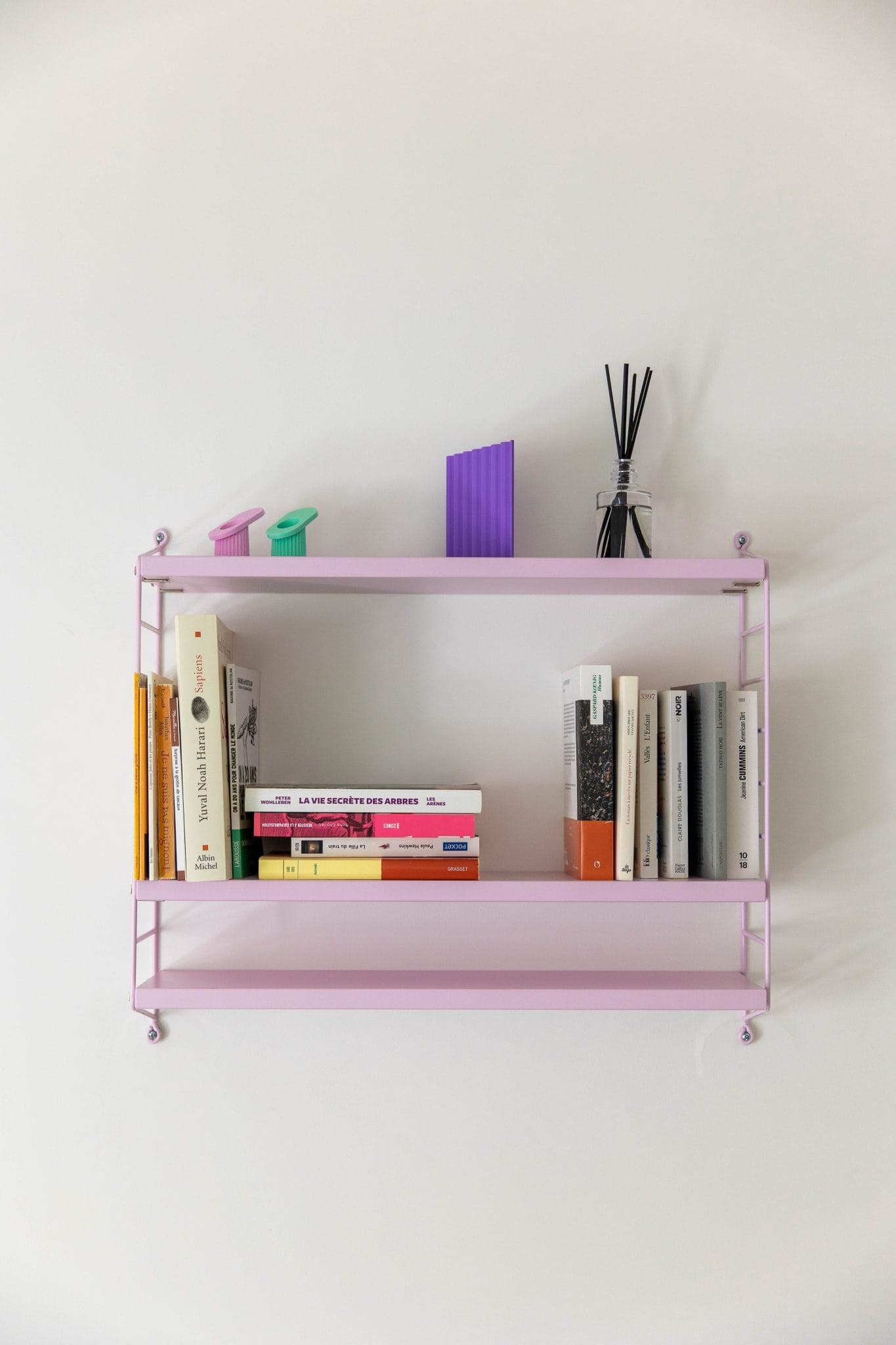 Une étagère murale rose pastel abrite une rangée de livres assortis au niveau inférieur et des objets décoratifs colorés, dont un diffuseur de roseaux, sur l'étagère supérieure, le tout contre un mur blanc uni.
