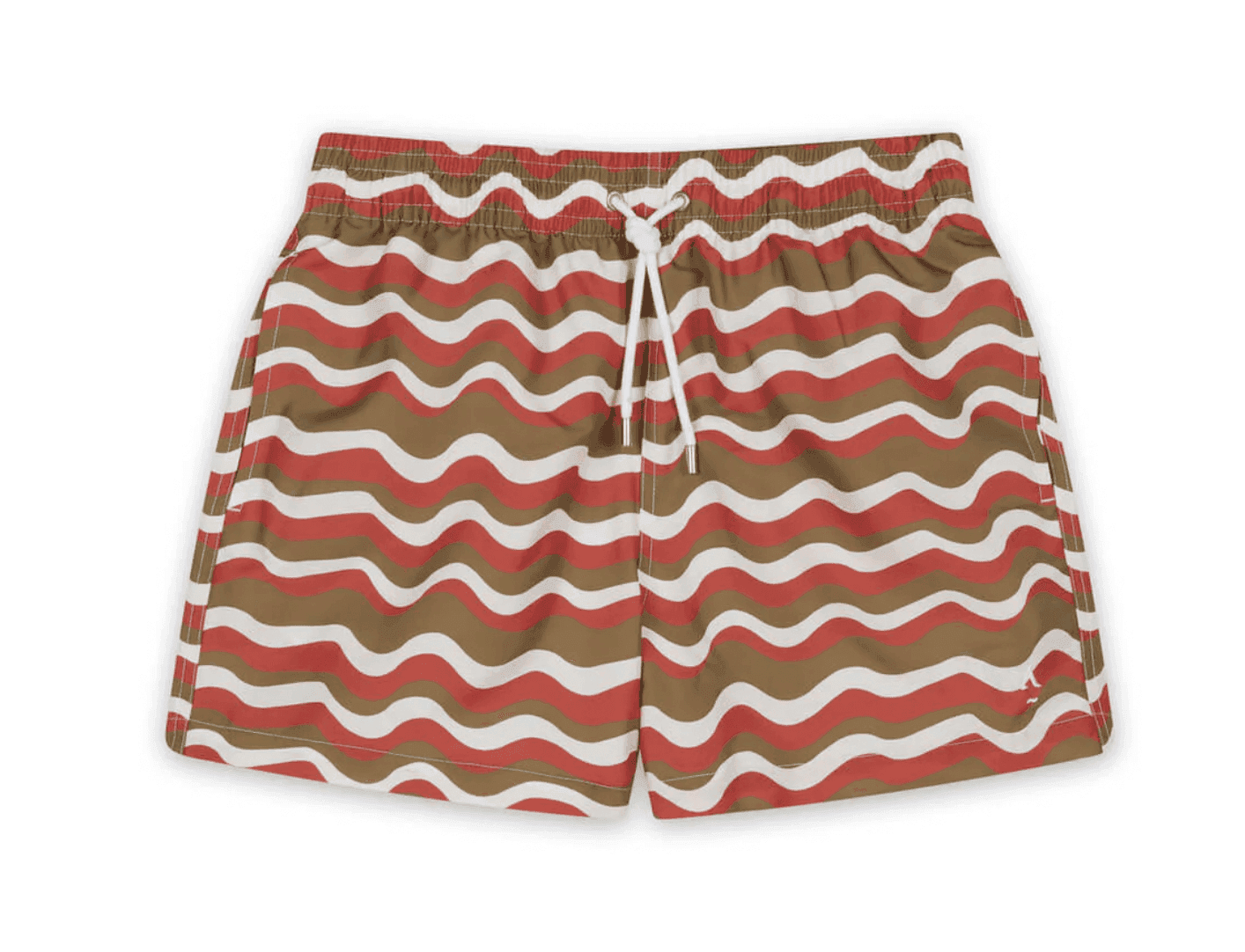 Short à motif ondulé aux couleurs rouge, marron et blanc cassé. Il est doté d'une ceinture élastique avec un cordon de serrage blanc. Le design présente des lignes courbes alternées, créant un look visuellement dynamique.