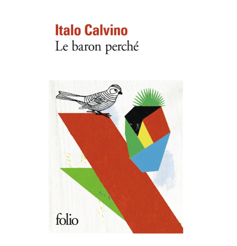 Couverture de « Le baron perché » d'Italo Calvino, ornée d'une illustration abstraite représentant un oiseau perché sur des formes géométriques rouges, noires, vertes et bleues. Le fond est une surface texturée blanche.