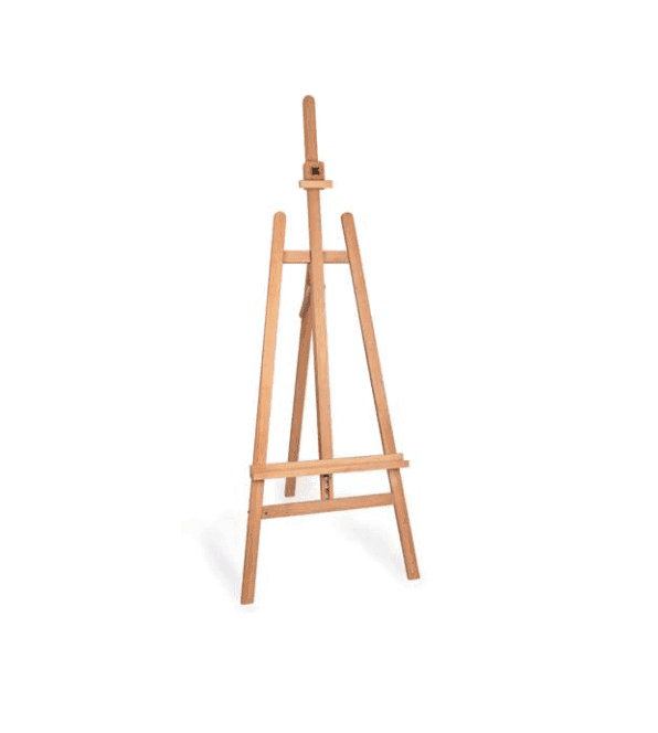 Chevalet d'artiste en bois posé à la verticale sur un fond blanc uni.