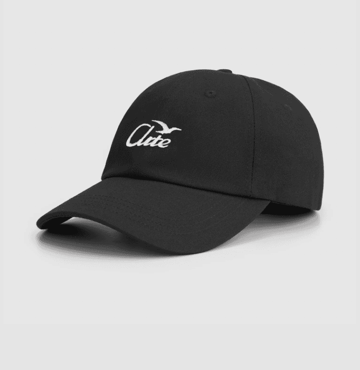 Casquette de baseball noire à visière incurvée, ornée d'un logo blanc brodé représentant un oiseau stylisé et du mot « Aute » sur le devant. La casquette se détache sur un fond blanc.