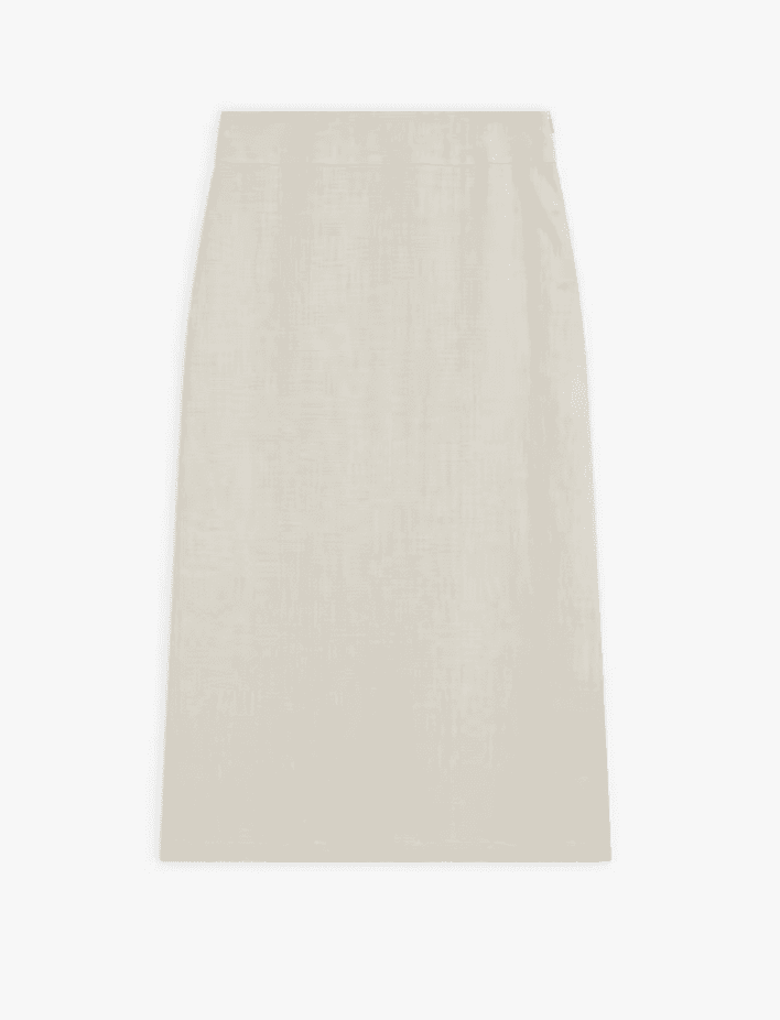Jupe droite beige jusqu'aux genoux, au design simple et sans ornements ni motifs visibles. Le tissu semble lisse et léger.