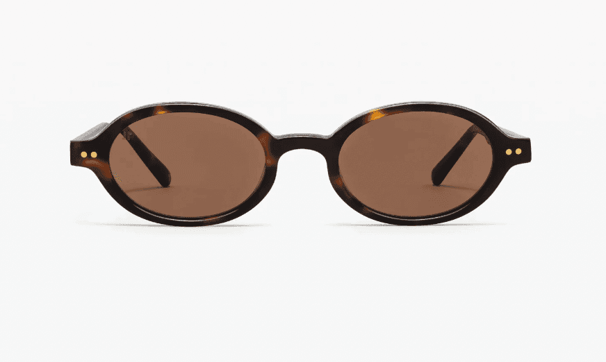 Lunettes de soleil de forme ovale avec verres marron foncé et monture en écaille de tortue. La monture présente deux petits accents dorés de chaque côté près des charnières. Le fond est blanc uni.