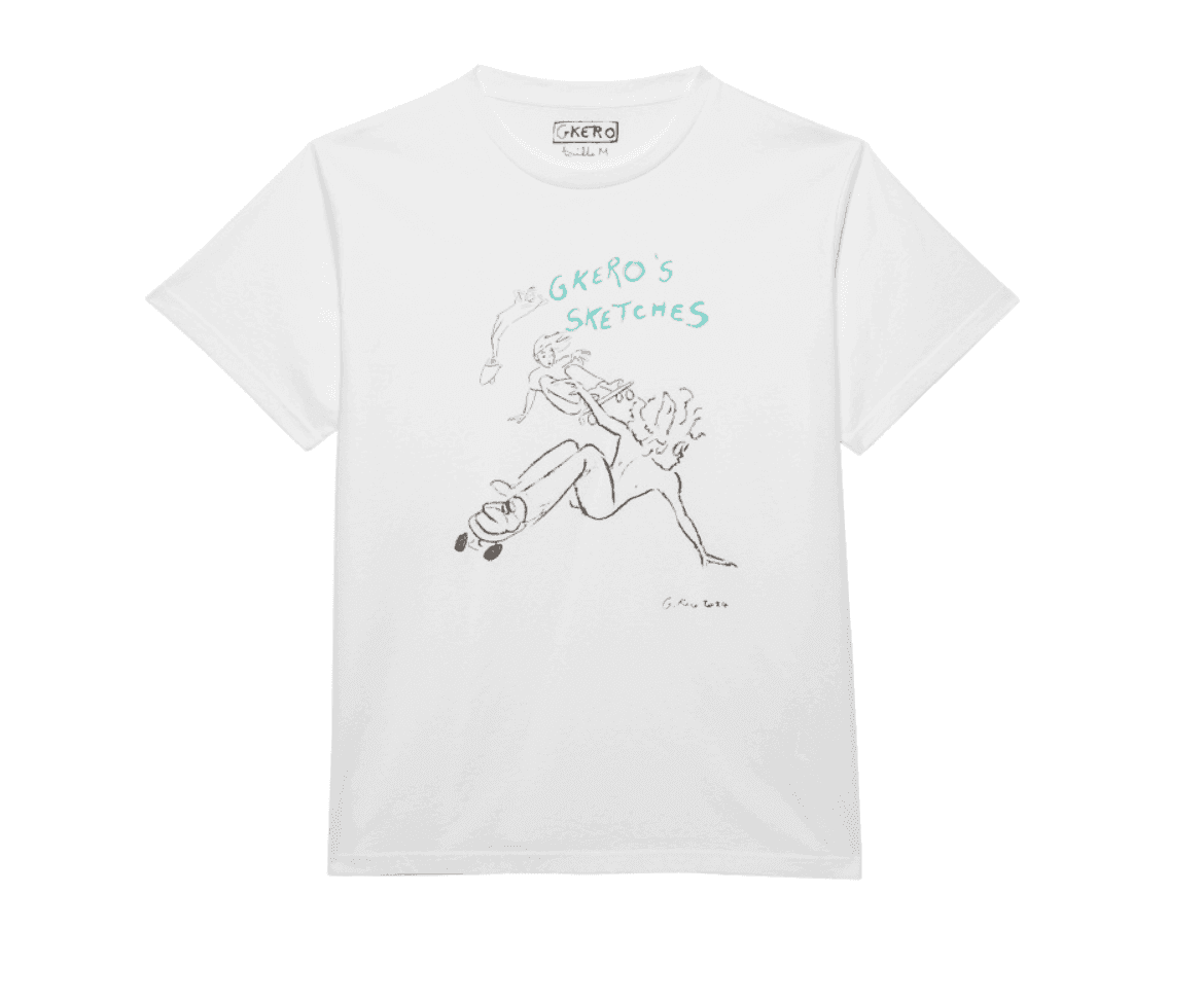 T-shirt blanc avec un dessin artistique d'une personne portant une bouteille et une tasse, sur des patins à roulettes. Le texte "G.Kero's Sketches" est écrit au-dessus en turquoise et noir.