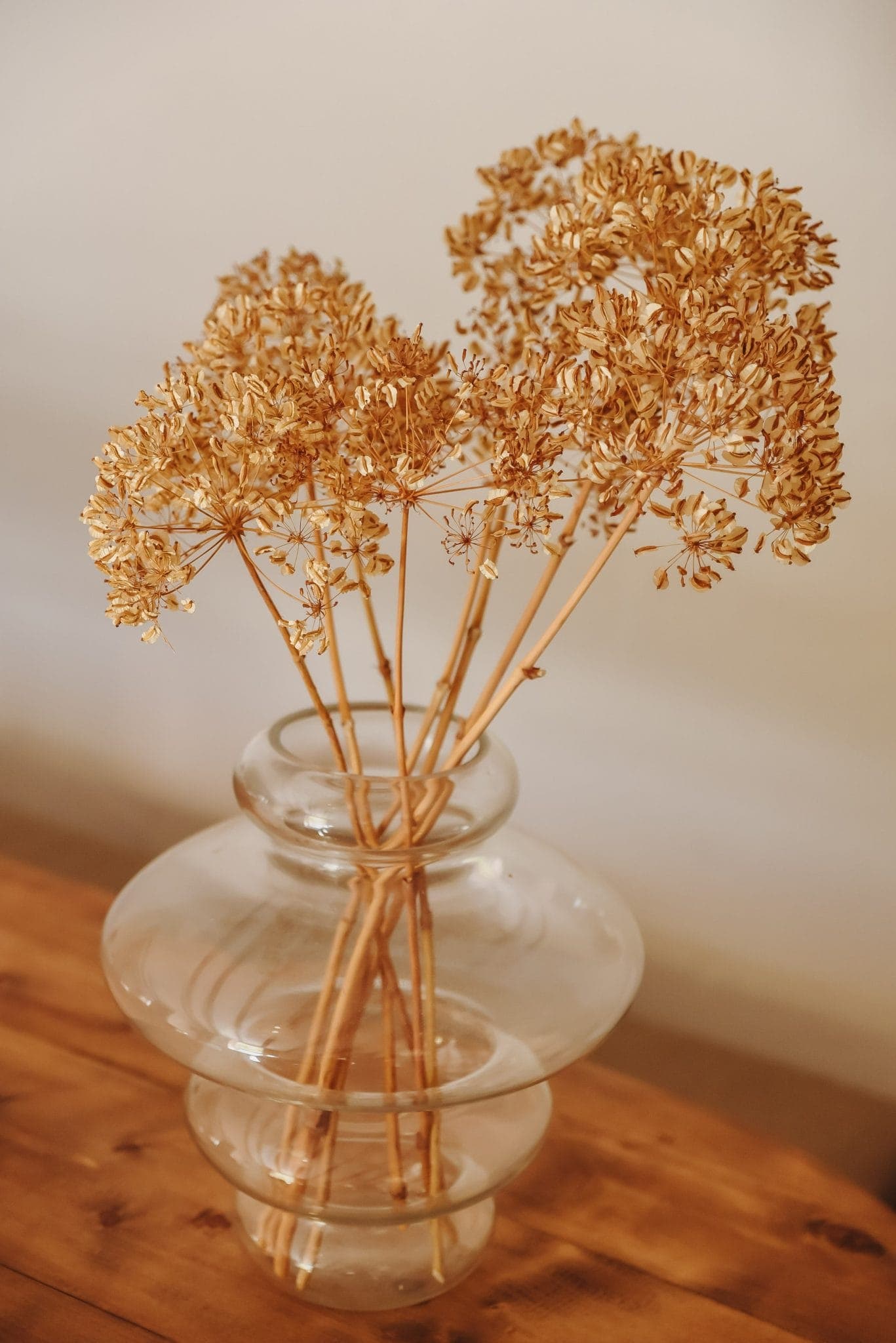 A clear glass vase holds dried flowers with brown stems, arranged on a wooden surface against a neutral background. The dried flowers are small and clustered, giving them a delicate, rustic appearance.