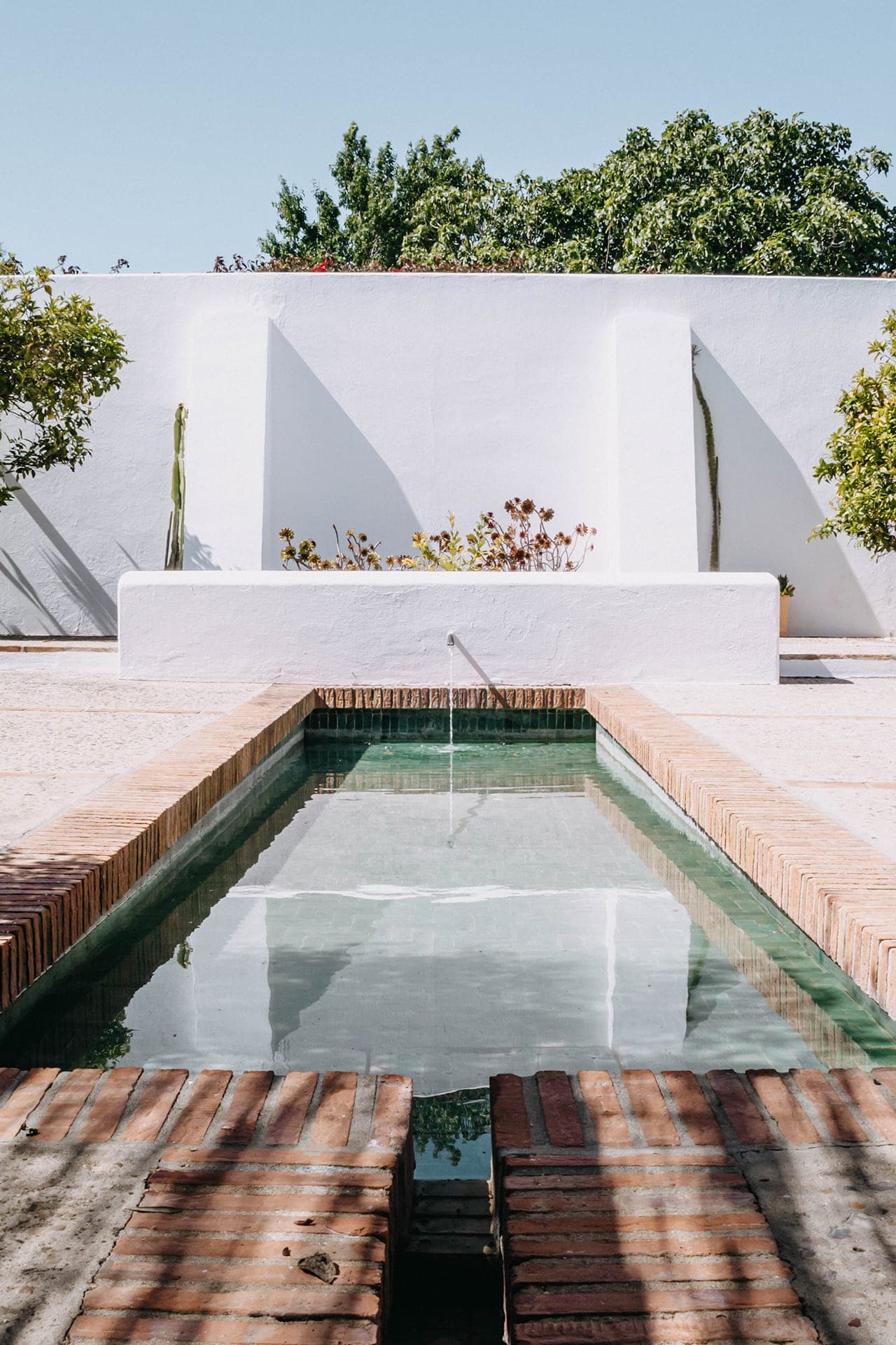 Rectangular pool with clear water, surrounded by brick edging, reflecting a white wall and trees. Potted plants and trees add greenery to this minimalist setting. Sunny day under an azure sky.