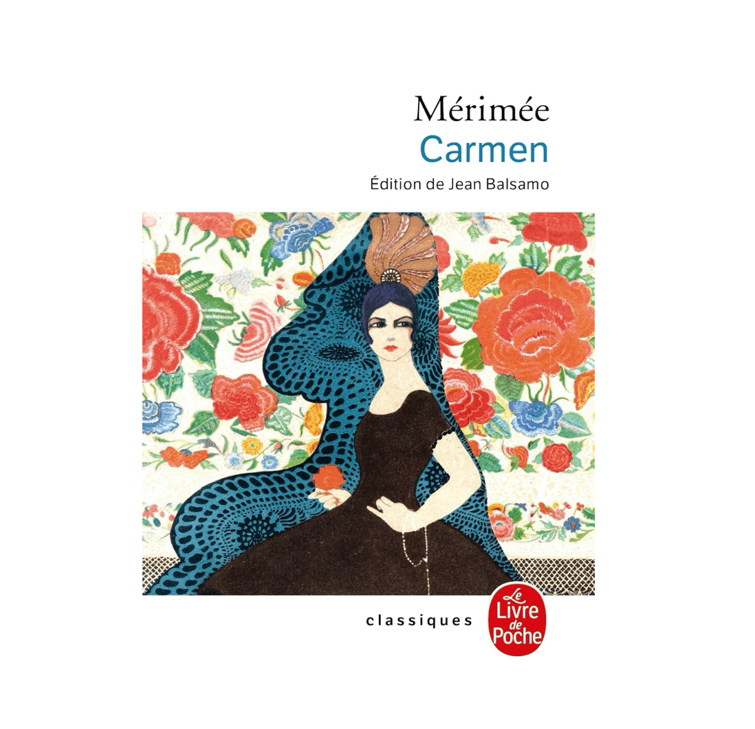 Couverture illustrée de « Carmen » de Mérimée. Une femme en robe noire, coiffée d'un long voile et d'un chapeau, pose sur un fond floral vibrant. L'édition est signée Jean Balsamo et fait partie de la collection « Le Livre de Poche ».