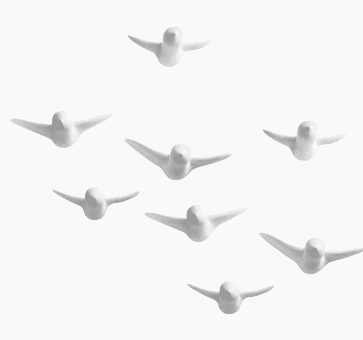 Huit figures d'oiseaux blancs en 3D aux ailes déployées sont disposées en formation de vol sur un fond blanc uni.