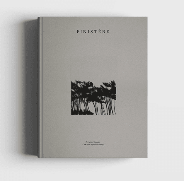 Une couverture de livre grise minimaliste intitulée « FINISTÈRE » présente une silhouette noire d'arbres balayés par le vent au centre, avec un petit texte français sous l'image, le tout sur un fond clair uni.