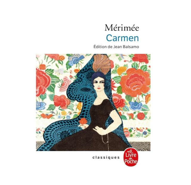 Couverture illustrée de « Carmen » de Mérimée. Une femme en robe noire, coiffée d'un long voile et d'un chapeau, pose sur un fond floral vibrant. L'édition est signée Jean Balsamo et fait partie de la collection « Le Livre de Poche ».