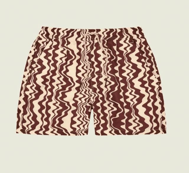 Une paire de maillots de bain avec une taille élastique et un cordon de serrage, présentant un motif en zigzag abstrait et ondulé dans des couleurs crème et marron.