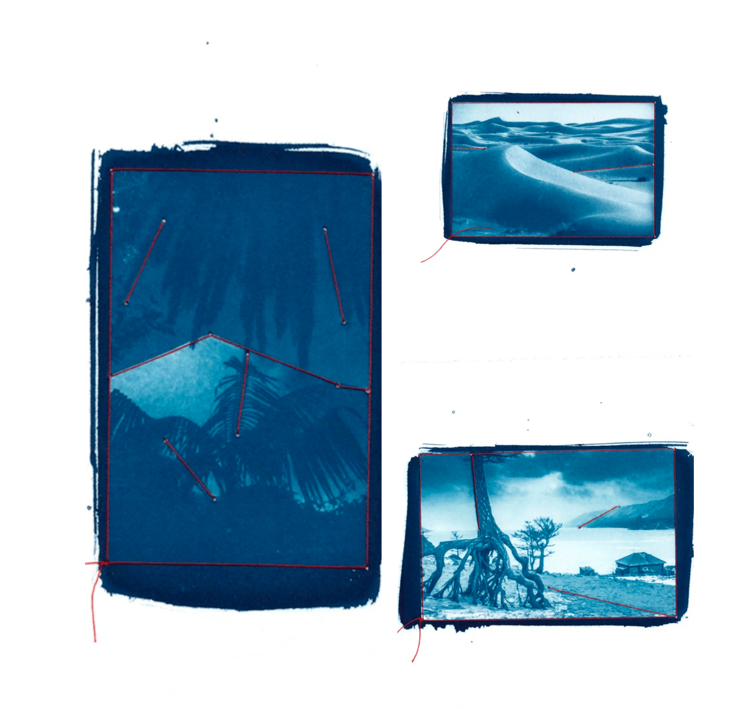 blue photographs with a red thread