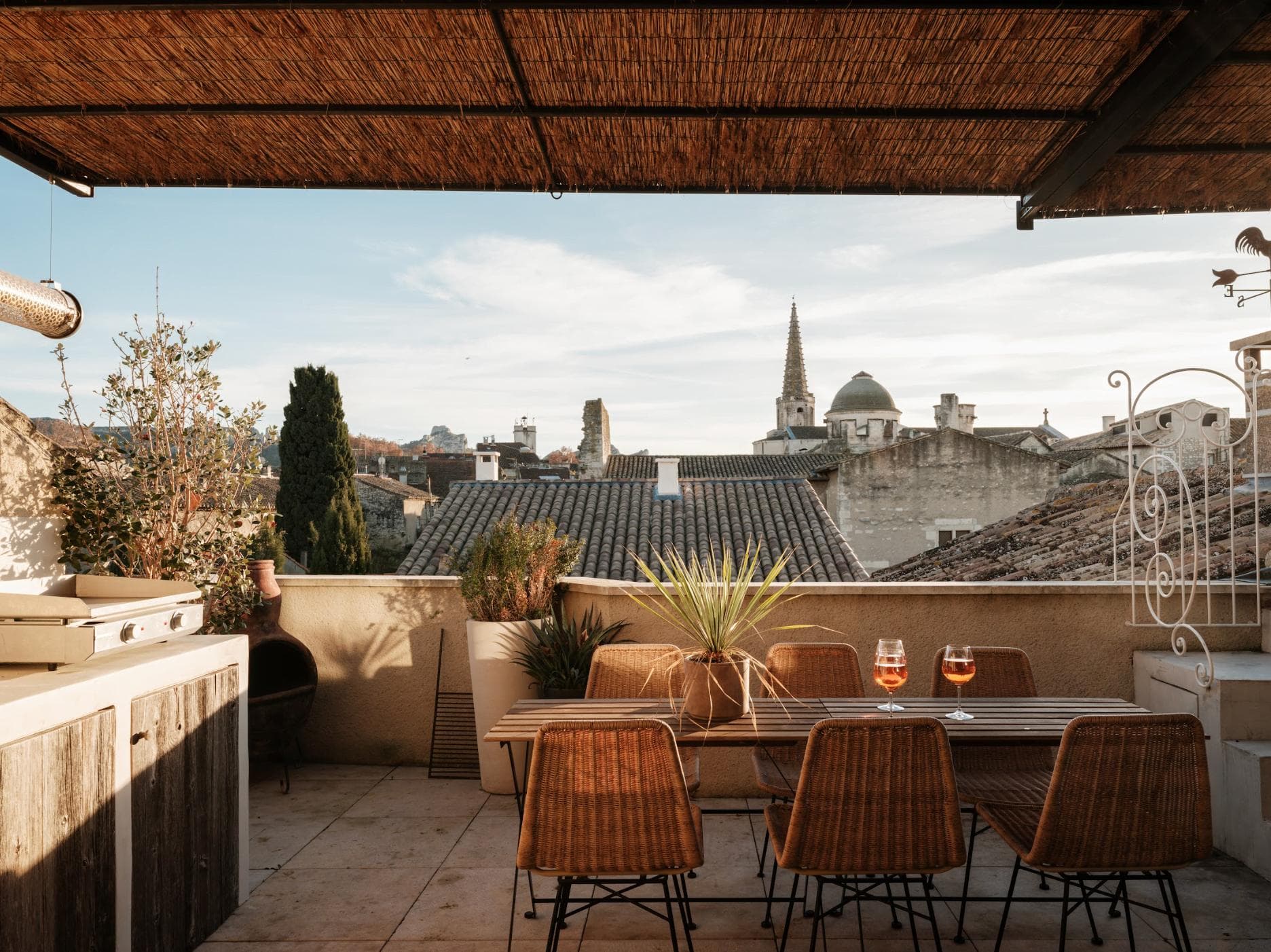 The terrace of La Maison des Remparts, with a view over the rooftops of Saint-Rémy-de-Provence.