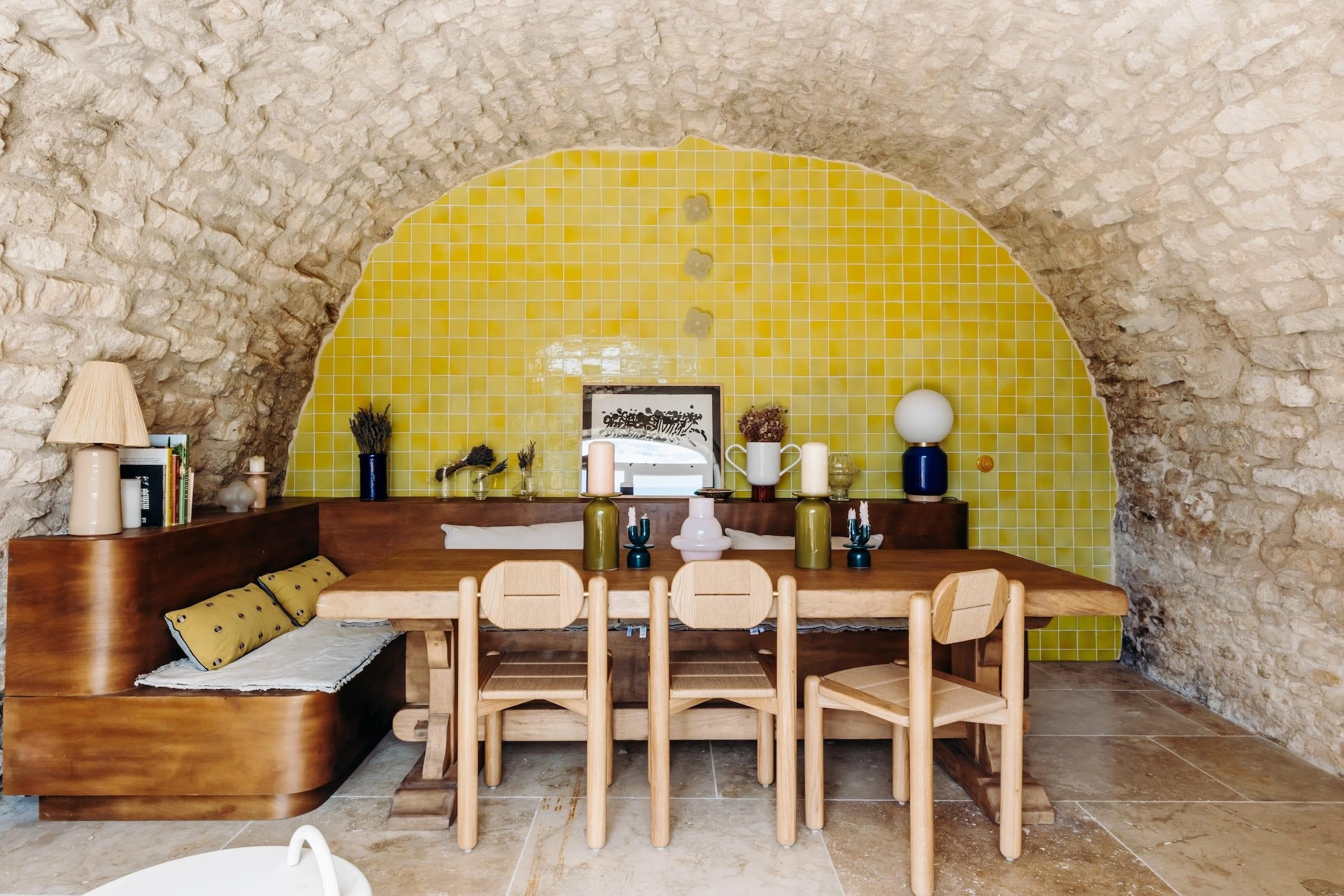 The tiled and stone dining room of La Maïoun. © Lili in Wonderland