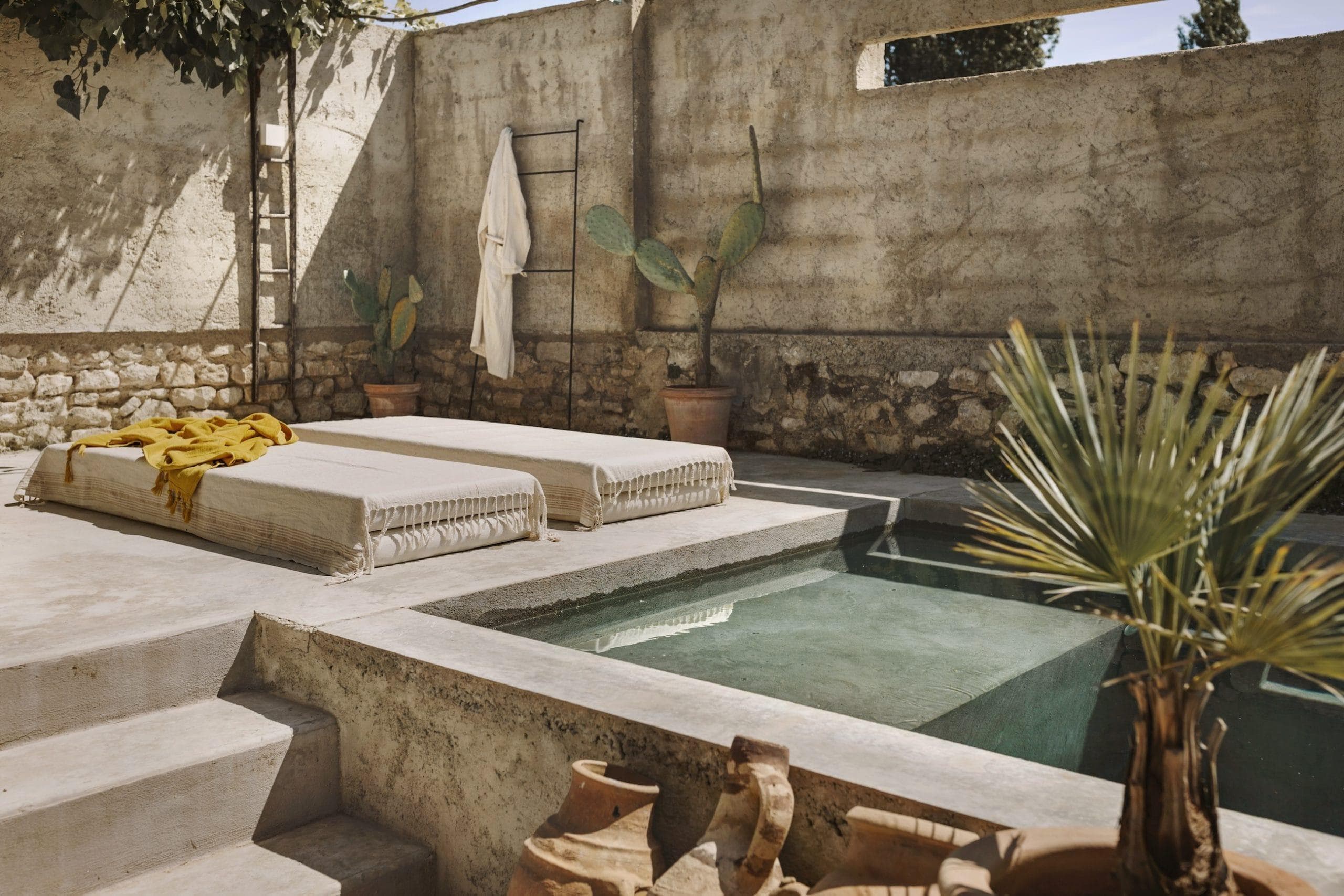 Outdoor courtyard with a small rectangular pool surrounded by stone walls. Two beige lounge cushions are positioned on a raised platform. Potted cacti and a towel on a ladder add greenery. Clay pots and palm fronds enhance the rustic ambiance.