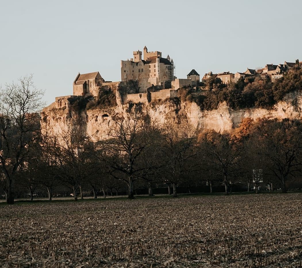 Un château médiéval se dresse au sommet d'une falaise rocheuse, entouré d'arbres. Sous la falaise se trouve un champ ouvert aux branches nues, suggérant la fin de l'automne ou l'hiver. Le ciel est clair, projetant une lumière chaude sur la scène.