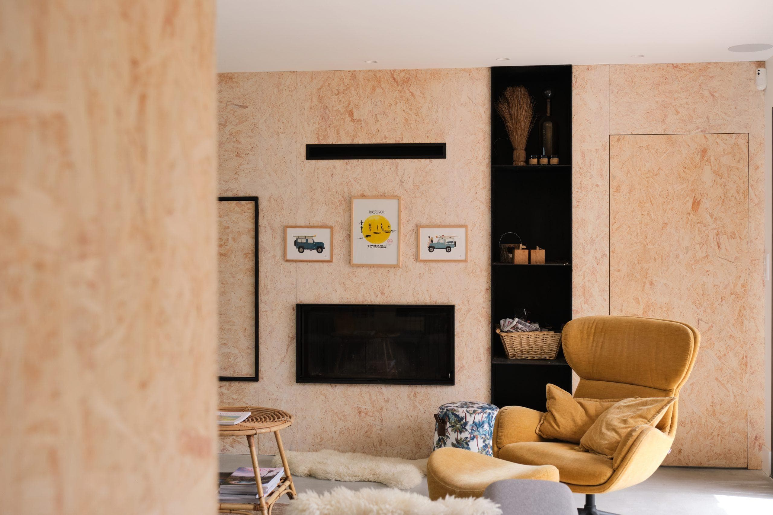 An interior made of textured wood